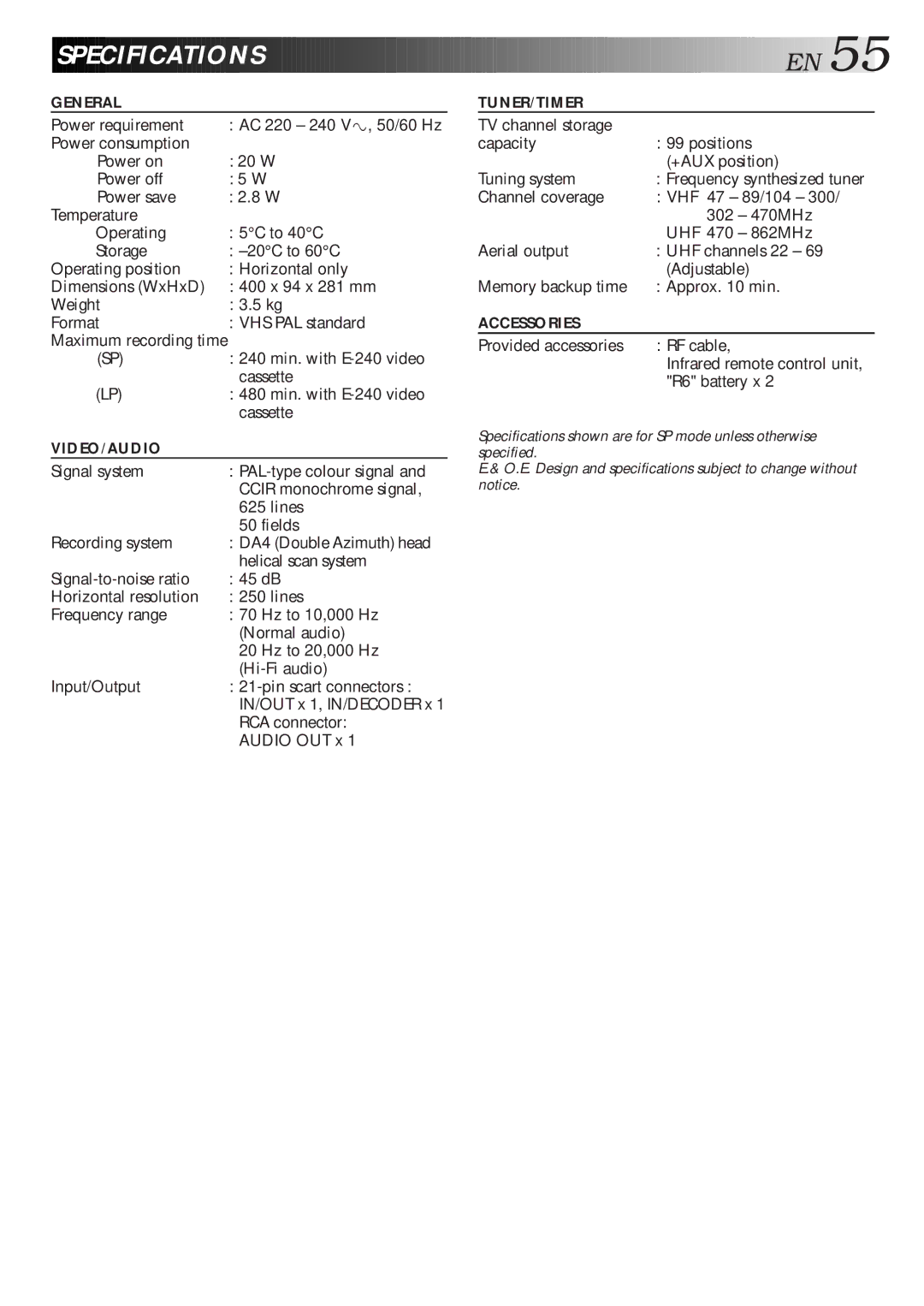 JVC HR-J768EU specifications Speci Fications, Maximum recording time, IN/OUT x 1, IN/DECODER x 