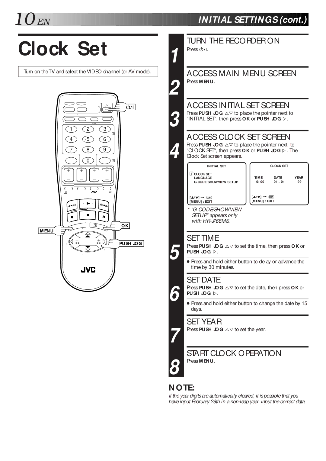 JVC HR-J767MS, HR-J768MS, HR-J667MS specifications Clock Set, Press Menu, Press Push JOG %Þto place the pointer next to 