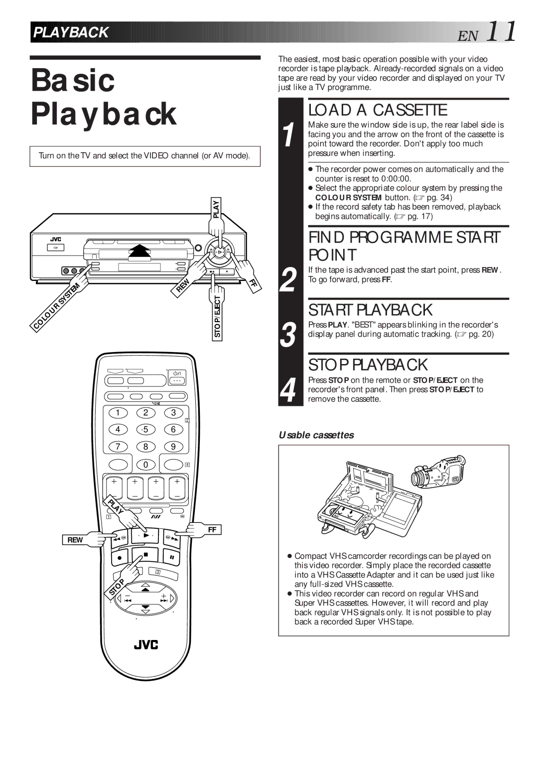 JVC HR-J667MS, HR-J768MS, HR-J767MS specifications Basic Playback, Load a Cassette, Point, Start Playback, Stop Playback 