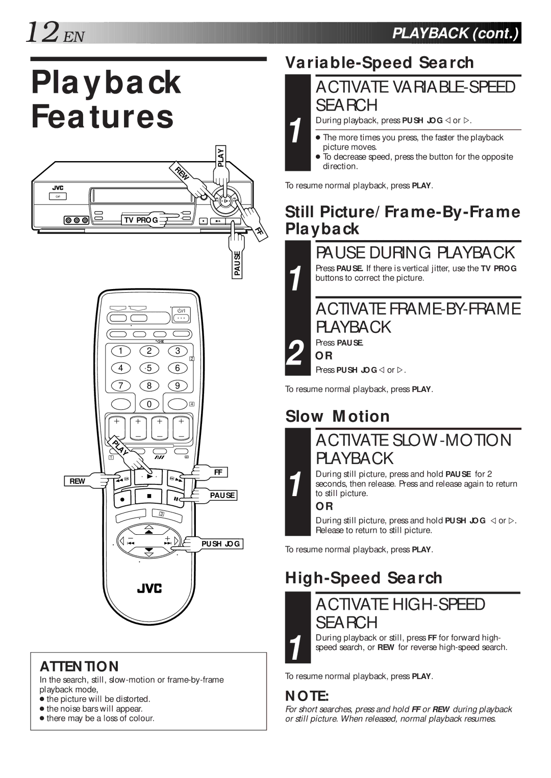 JVC HR-J768MS, HR-J767MS, HR-J667MS Playback Features, Activate SLOW-MOTION Playback, Activate HIGH-SPEED Search 