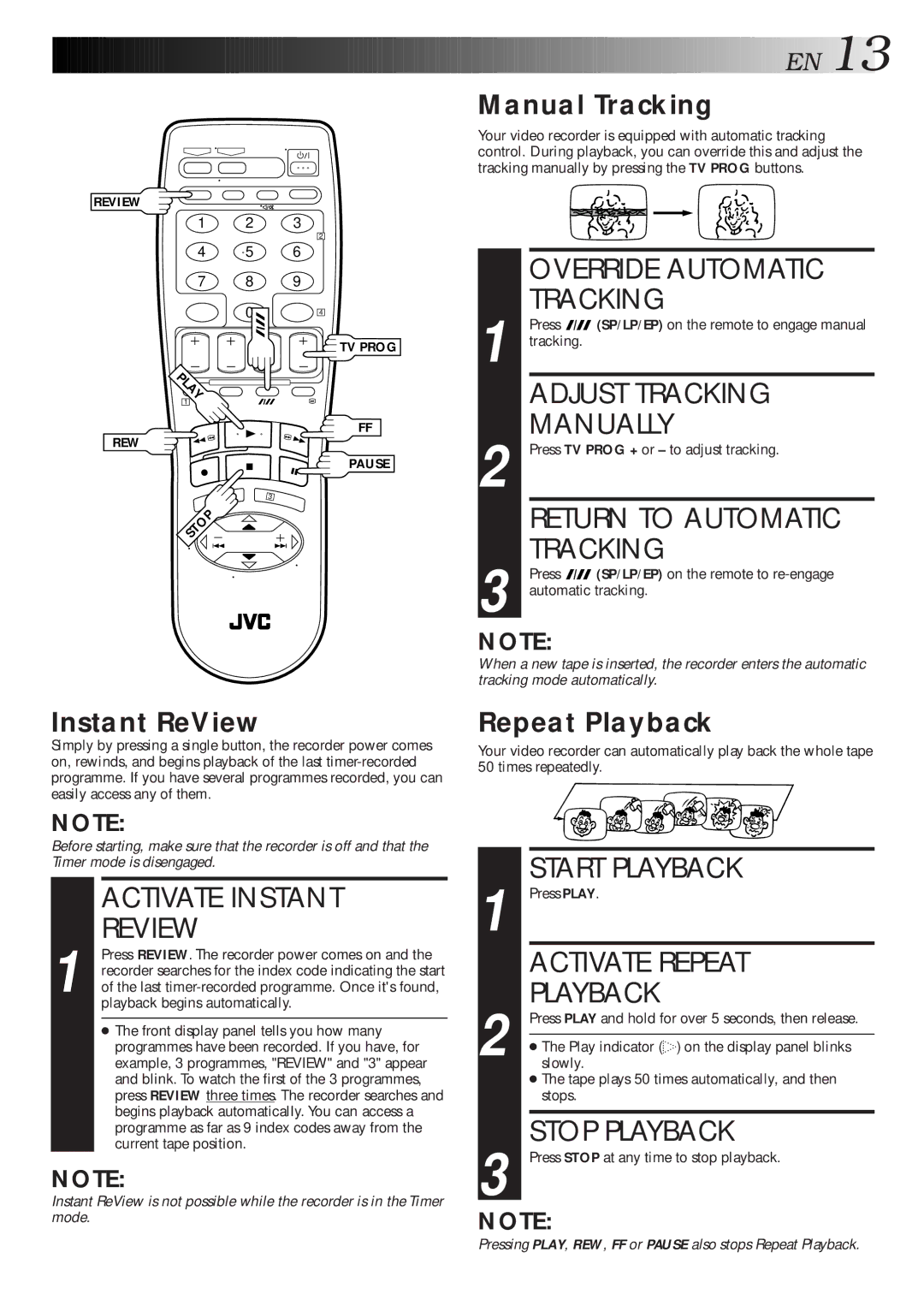 JVC HR-J767MS Override Automatic Tracking, Adjust Tracking Manually, Return to Automatic Tracking, Activate Instant Review 