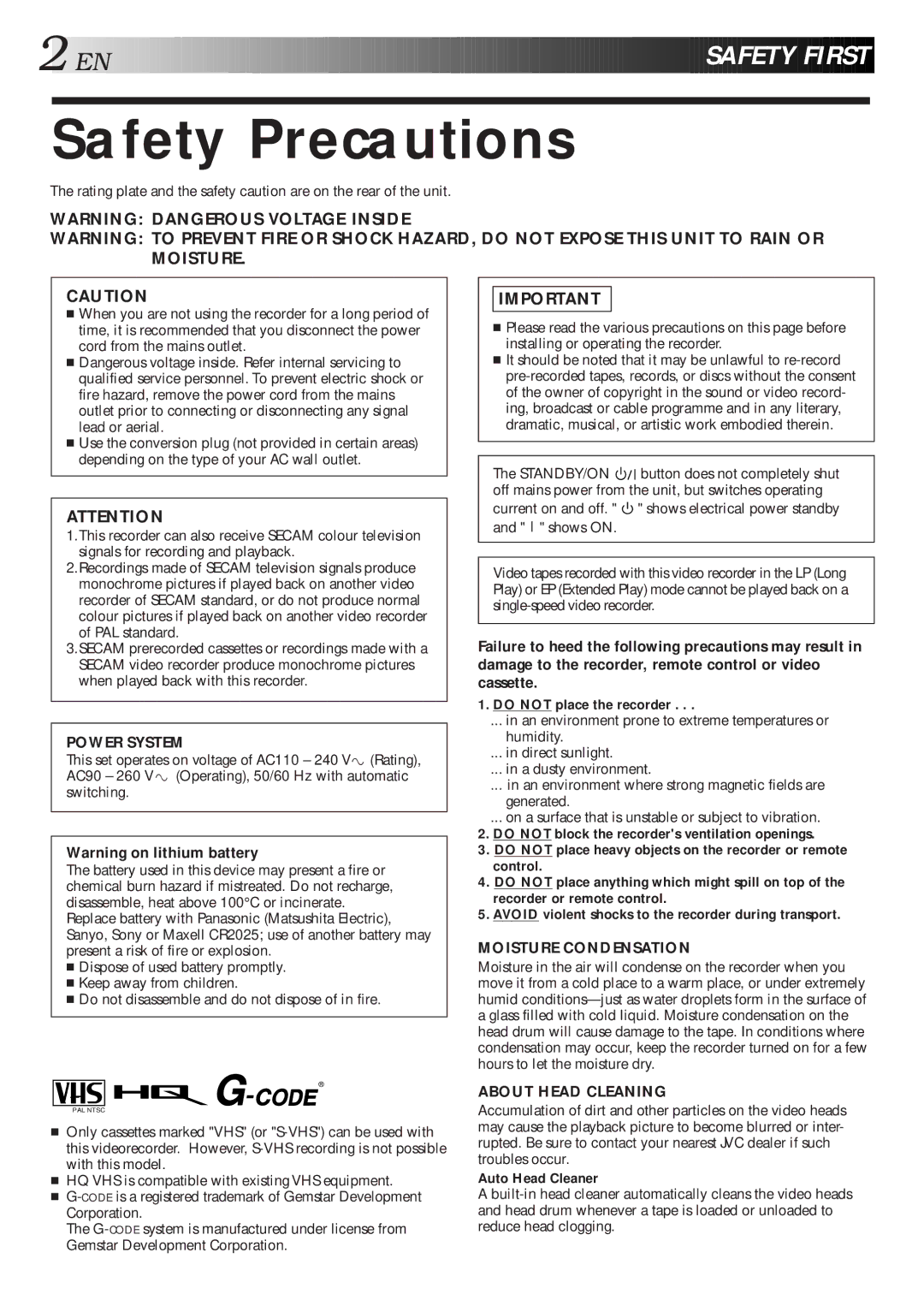 JVC HR-J667MS, HR-J768MS, HR-J767MS specifications Safety Precautions, Do not place the recorder, Auto Head Cleaner 