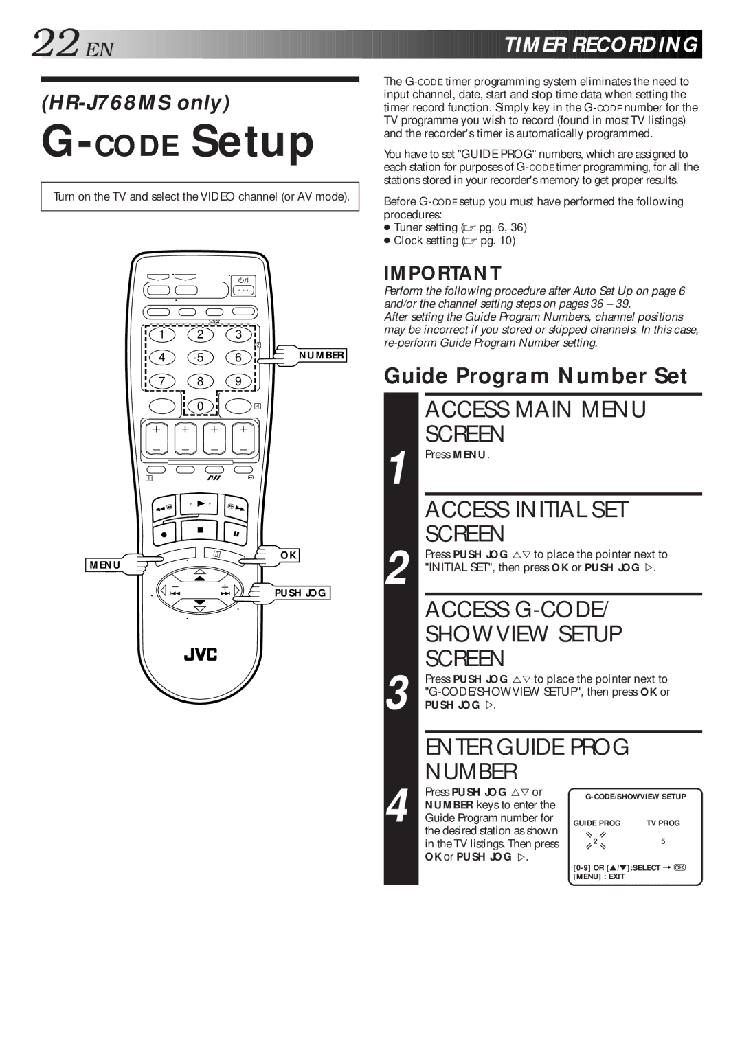 JVC HR-J767MS CODESetup, Access Initial SET Screen, Access G-CODE Showview Setup Screen, Number, EN Timer Recording 