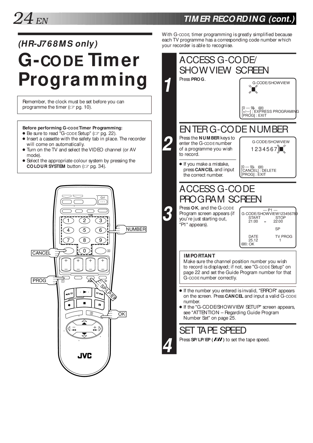 JVC HR-J768MS, HR-J767MS, HR-J667MS specifications Enter G-CODE Number, Before performing G-CODETimer Programming 