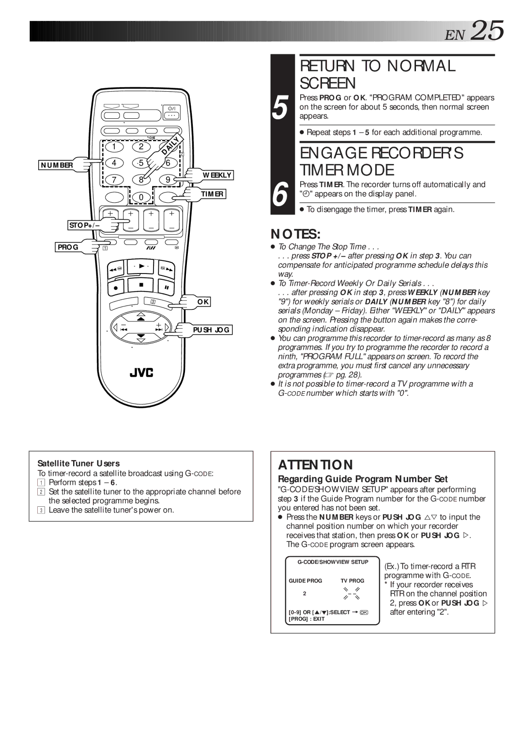 JVC HR-J767MS, HR-J768MS, HR-J667MS specifications Return to Normal, Engage Recorders, Timer Mode 