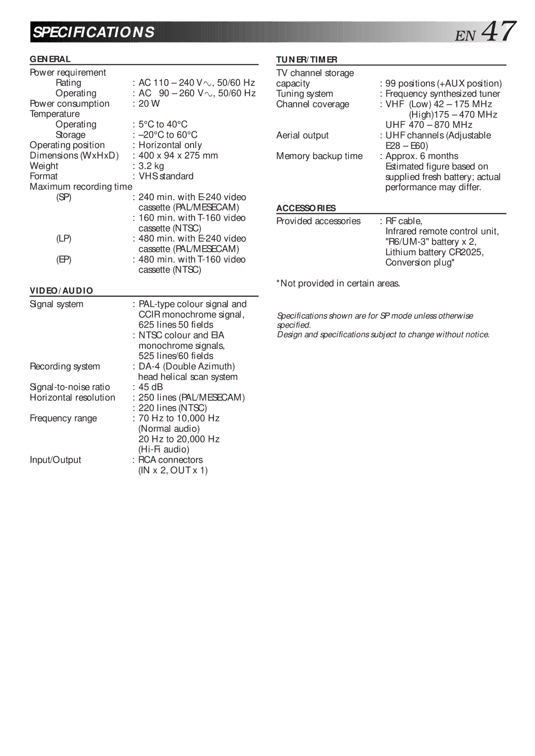 JVC HR-J667MS, HR-J768MS, HR-J767MS specifications Specification S 