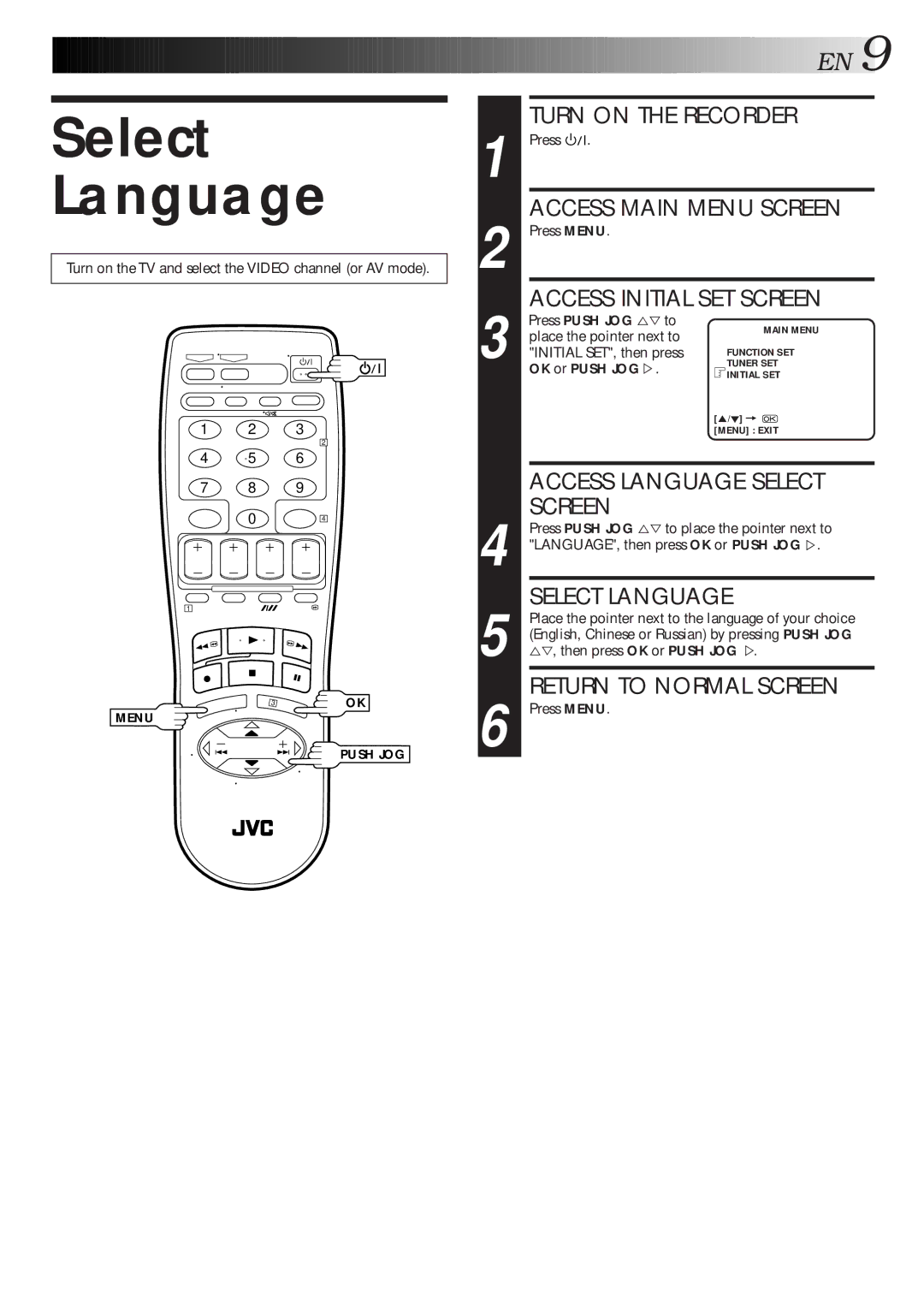 JVC HR-J768MS, HR-J767MS, HR-J667MS specifications Select Language, Access Initial SET Screen 