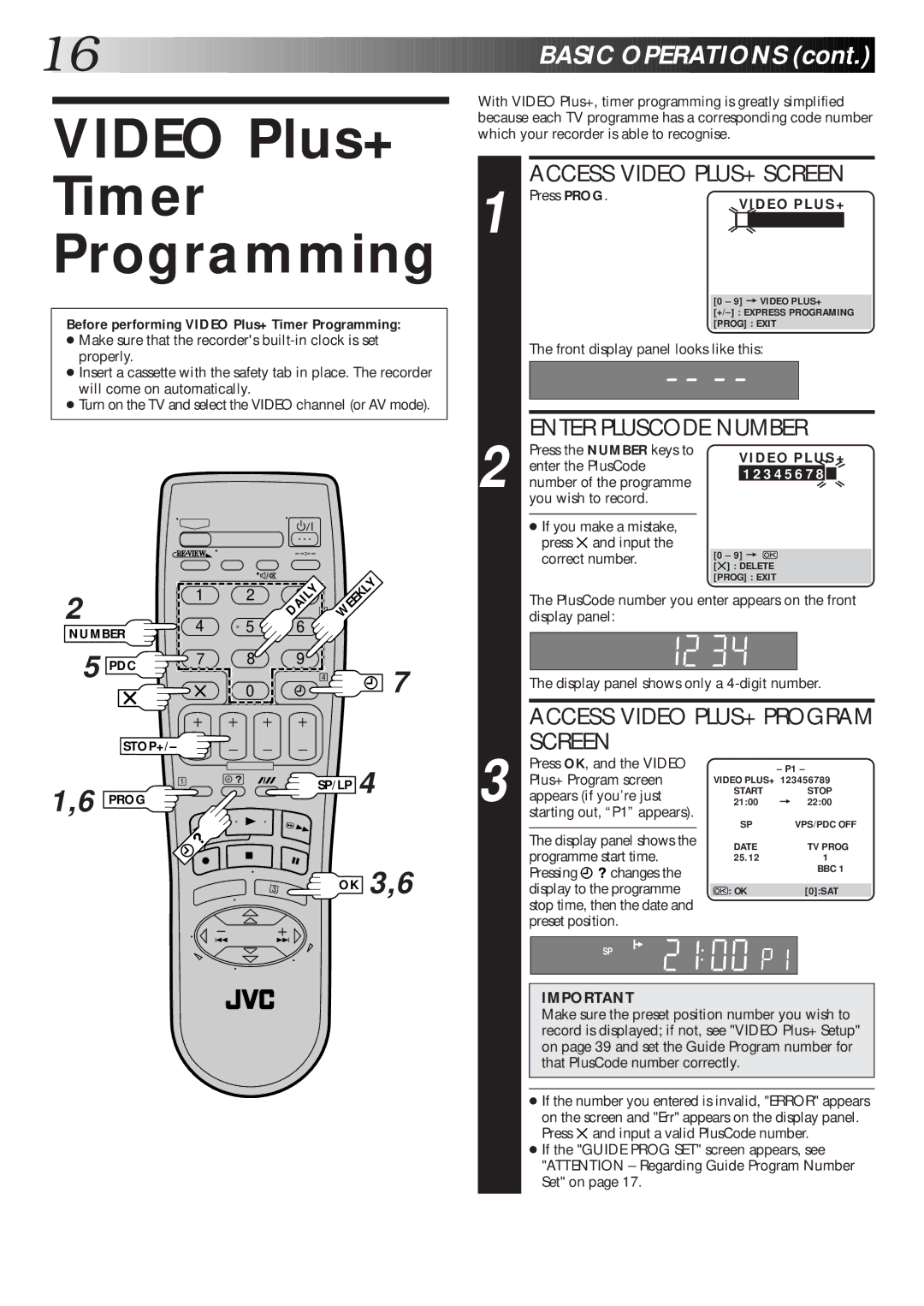 JVC HR-J770EK setup guide Video Plus+ Timer Programming, Access Video PLUS+ Screen, Enter Pluscode Number 