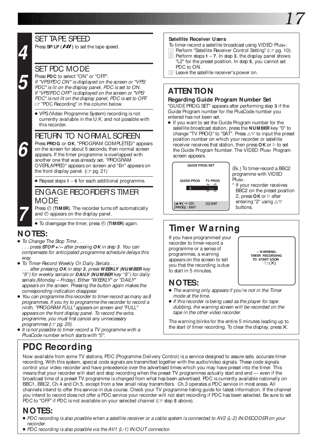 JVC HR-J770EK setup guide Timer Warning, PDC Recording 