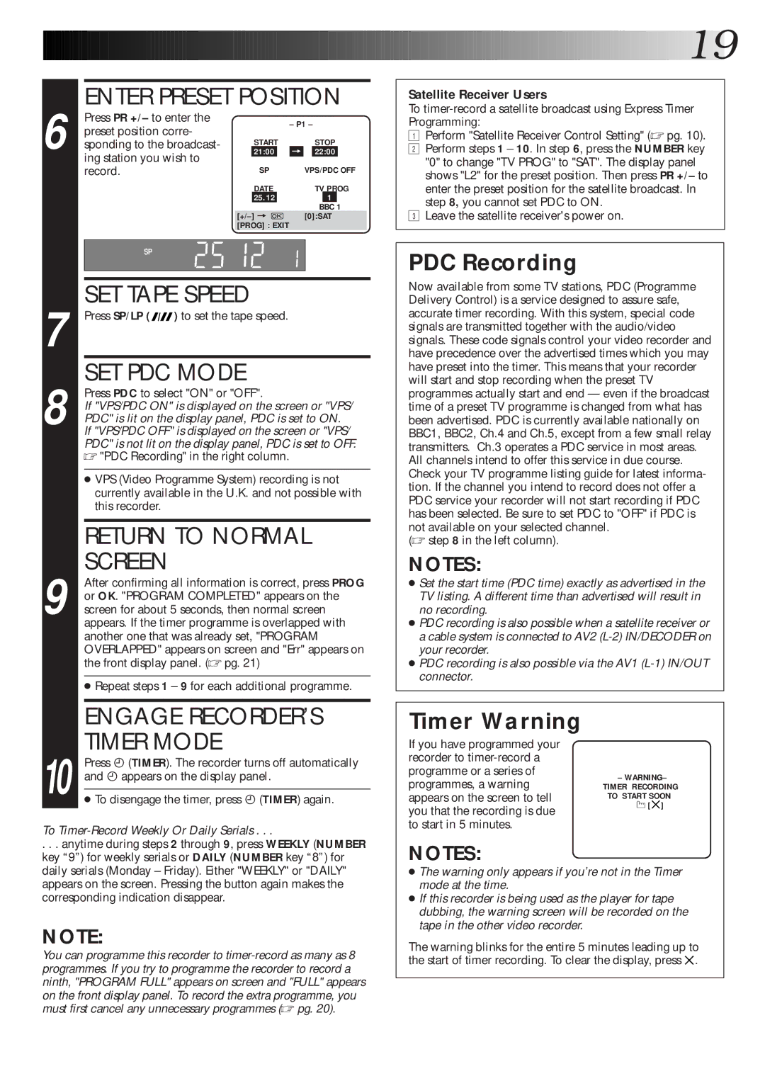 JVC HR-J770EK setup guide SET PDC Mode, Return to Normal, Engage RECORDER’S, Timer Mode 