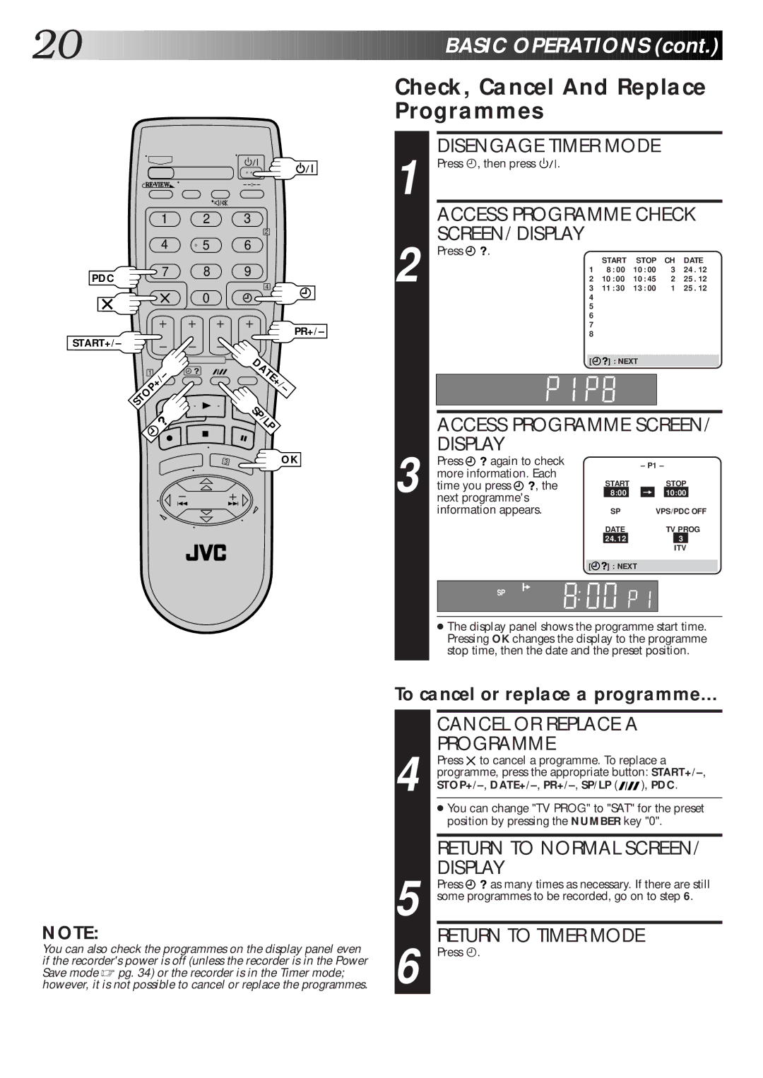 JVC HR-J770EK Check, Cancel And Replace Programmes, Cancel or Replace a Programme, Return to Normal SCREEN/ Display 