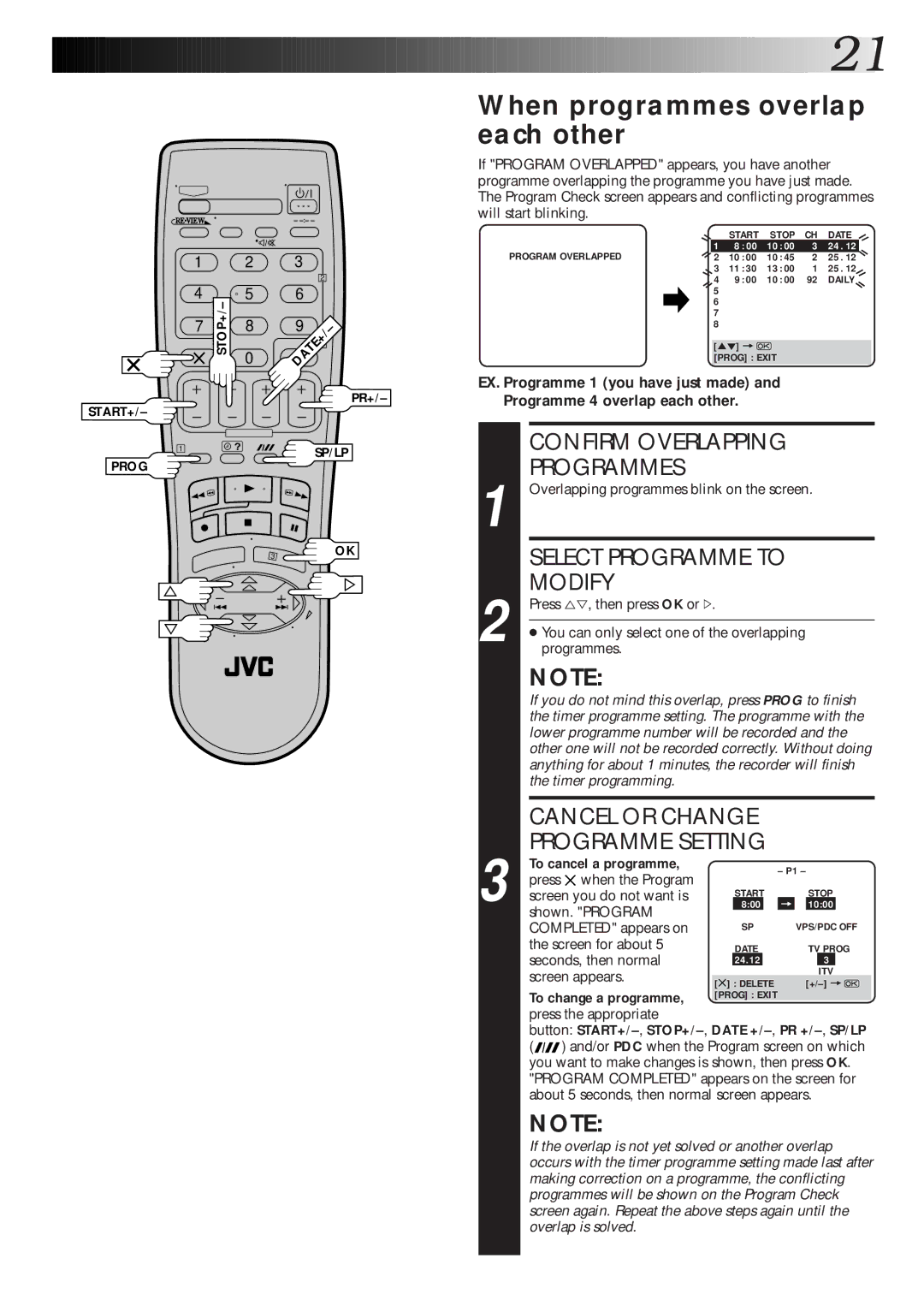 JVC HR-J770EK setup guide When programmes overlap each other, Confirm Overlapping Programmes, Modify, To cancel a programme 