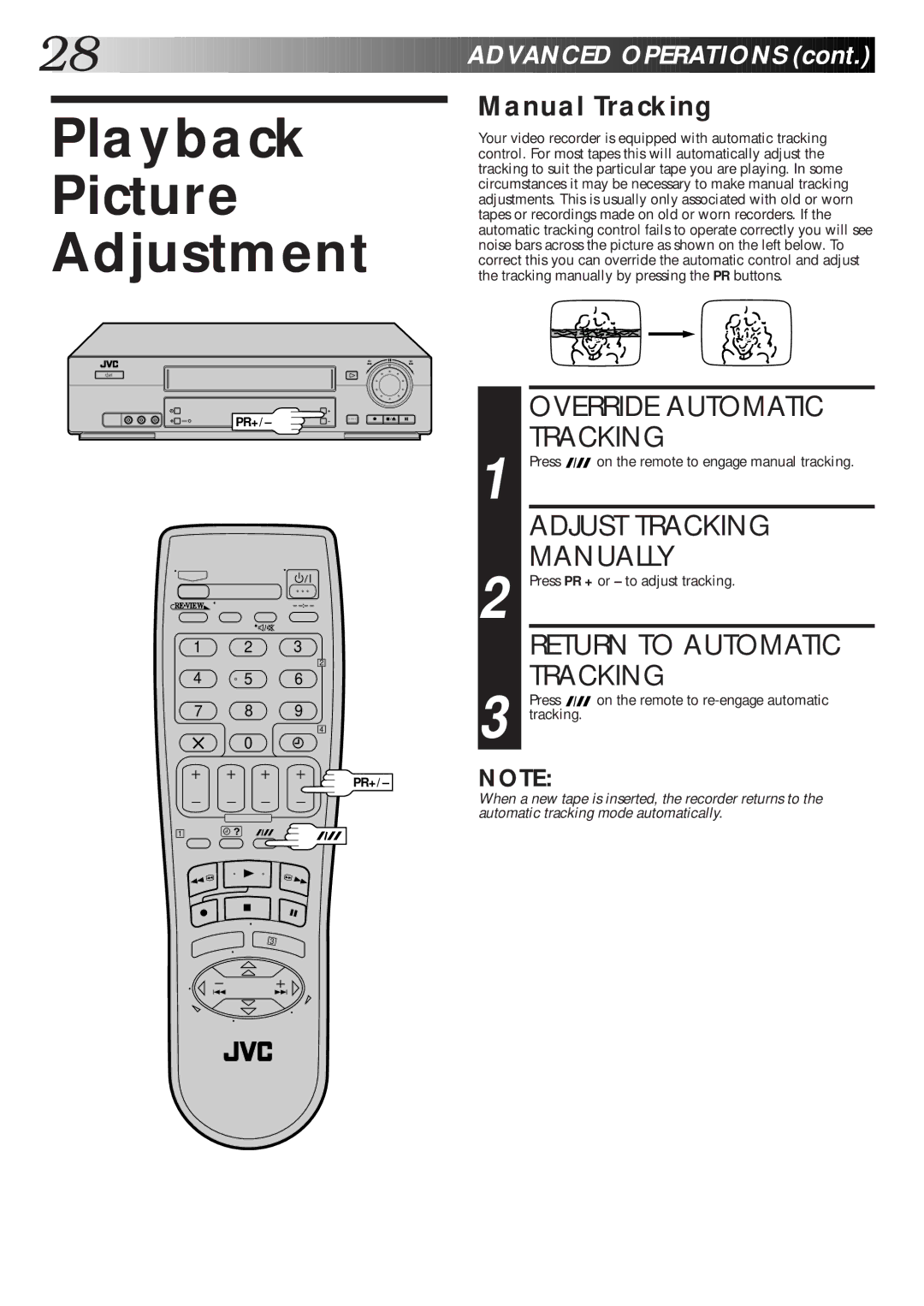 JVC HR-J770EK Playback Picture Adjustment, Override Automatic Tracking, Adjust Tracking, Manually, Return to Automatic 