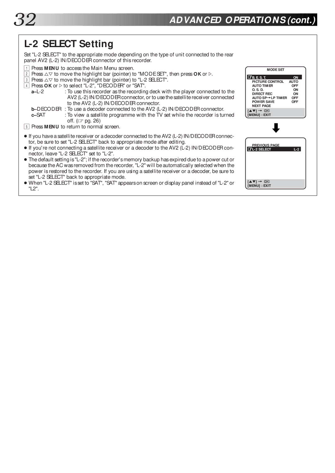 JVC HR-J770EK setup guide Select Setting, To the AV2 L-2 IN/DECODER connector, Off. pg 