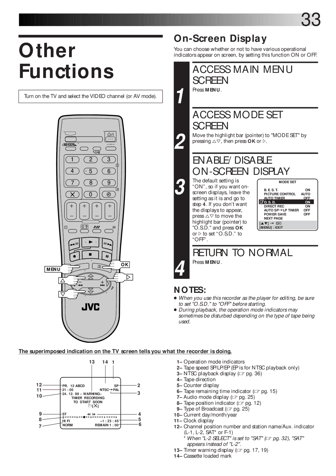 JVC HR-J770EK setup guide Other Functions, ENABLE/DISABLE ON-SCREEN Display, On-Screen Display 