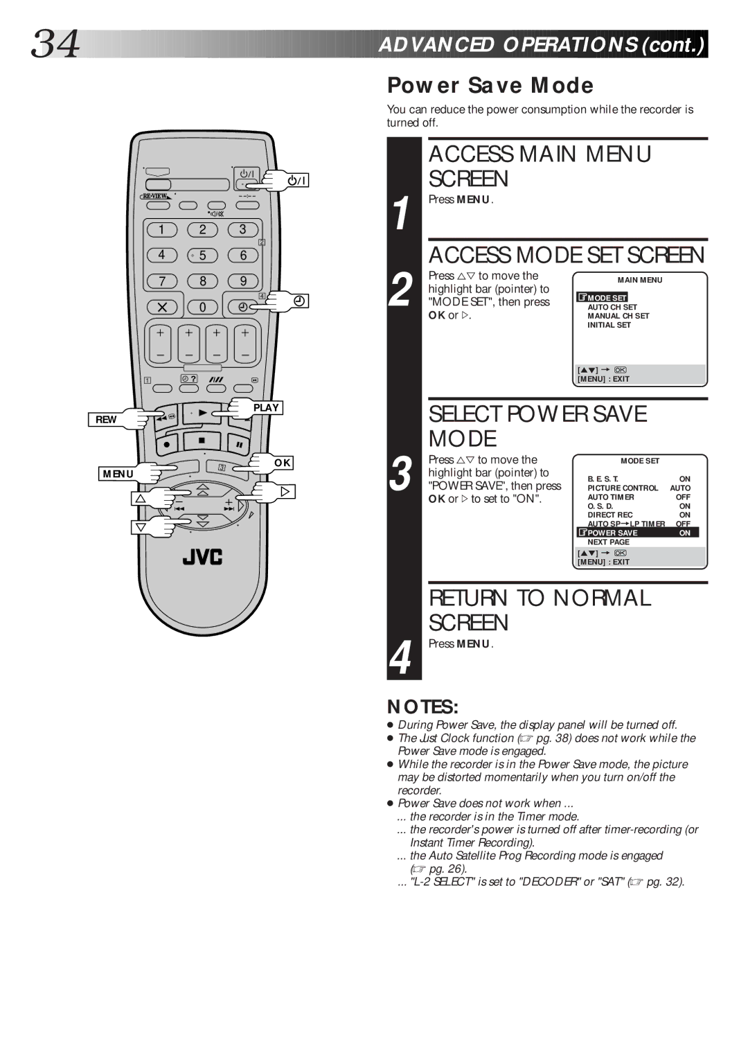 JVC HR-J770EK setup guide Power Save Mode, Power SAVE, then press 