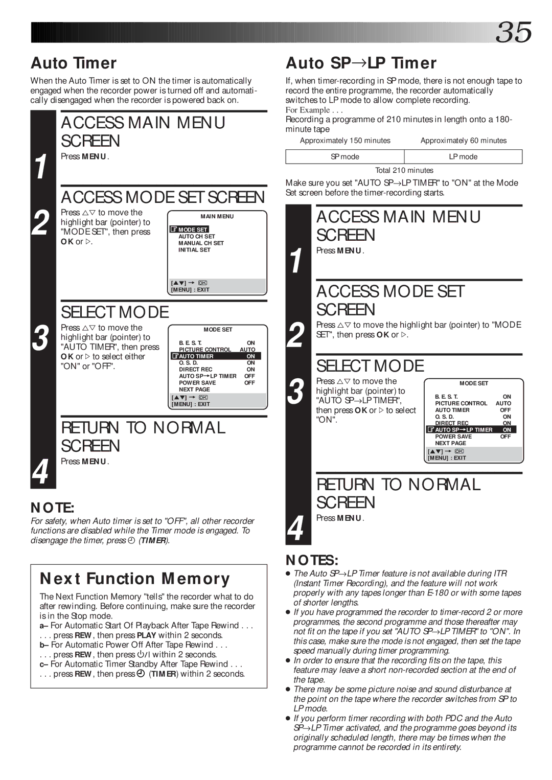 JVC HR-J770EK setup guide Auto Timer, Next Function Memory, Auto SP→LP Timer 