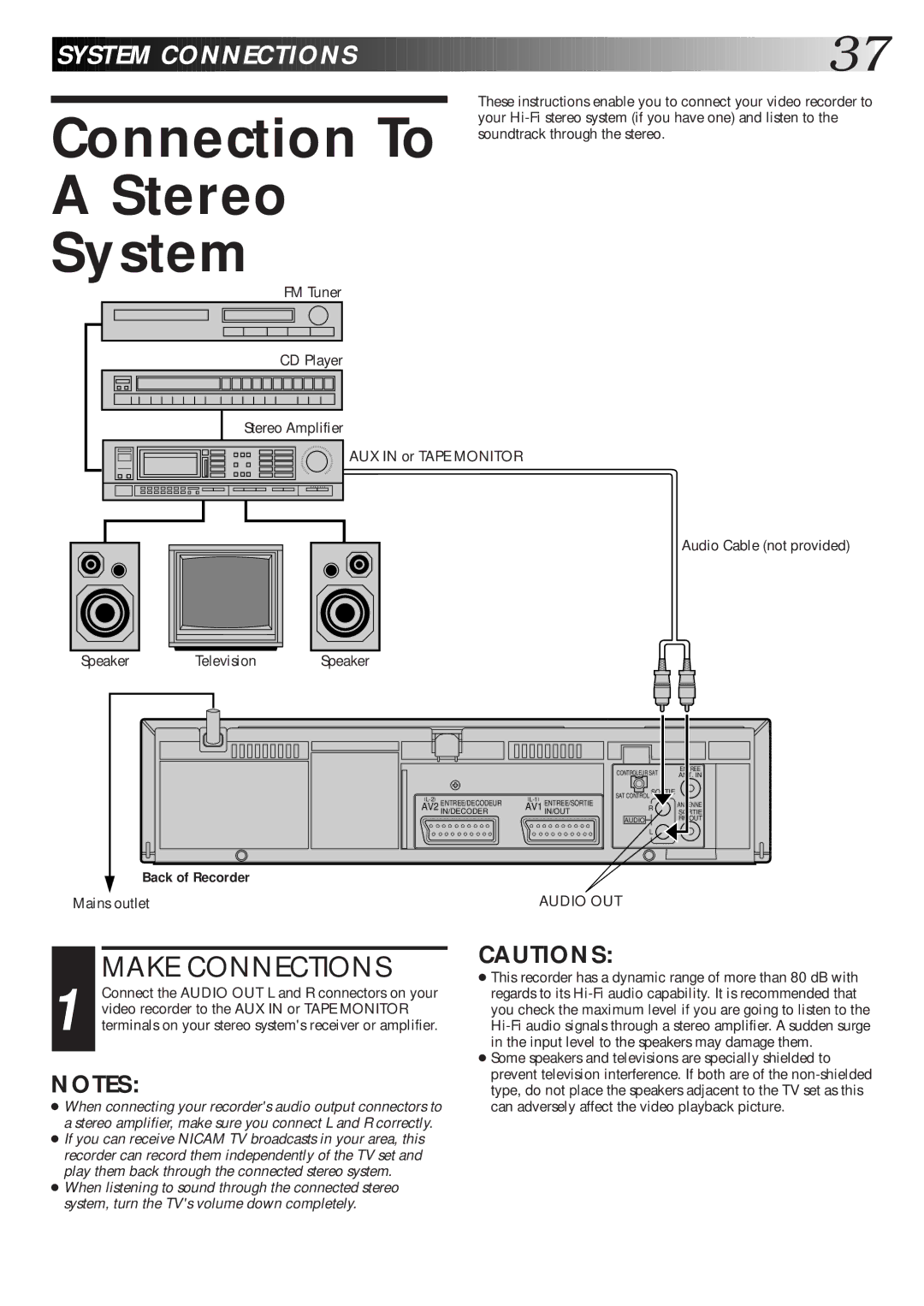 JVC HR-J770EK setup guide Connection To Stereo System, Audio Cable not provided Speaker 