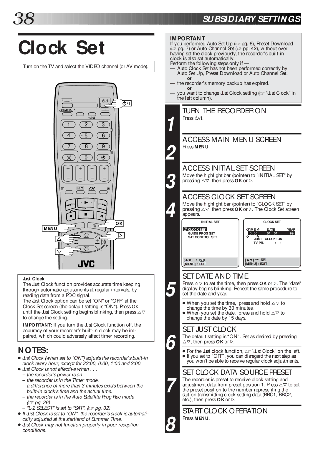 JVC HR-J770EK setup guide Clock Set, Just Clock 