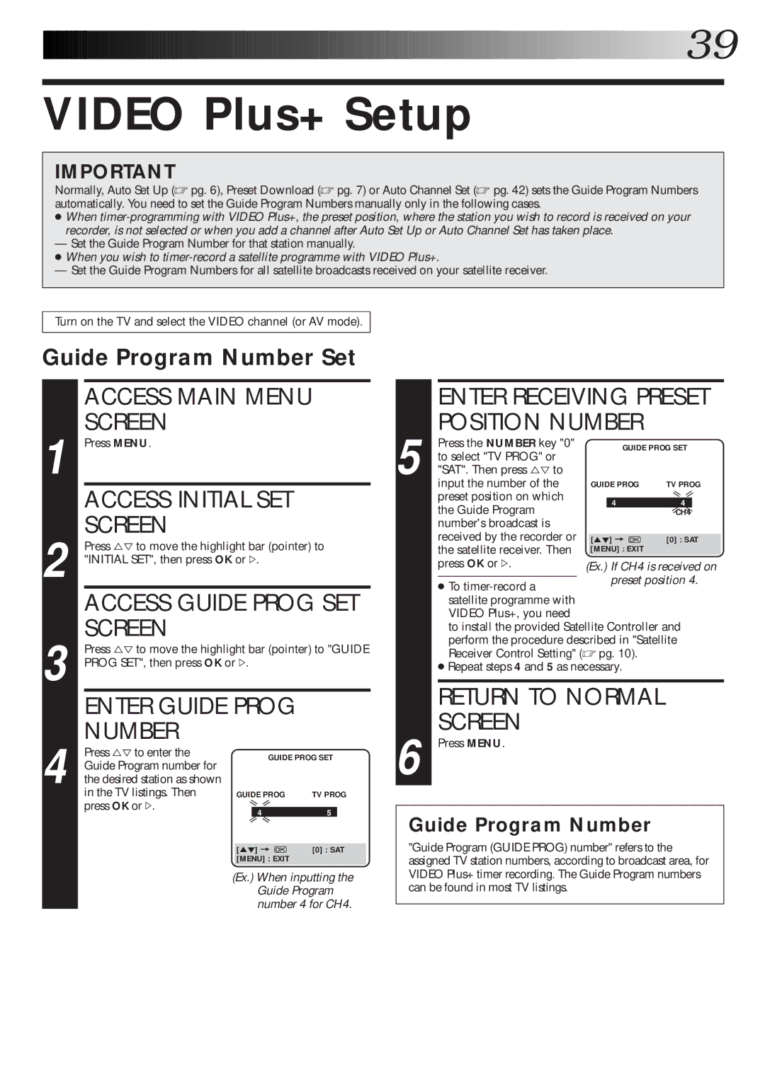 JVC HR-J770EK setup guide Video Plus+ Setup, Guide Program Number Set 