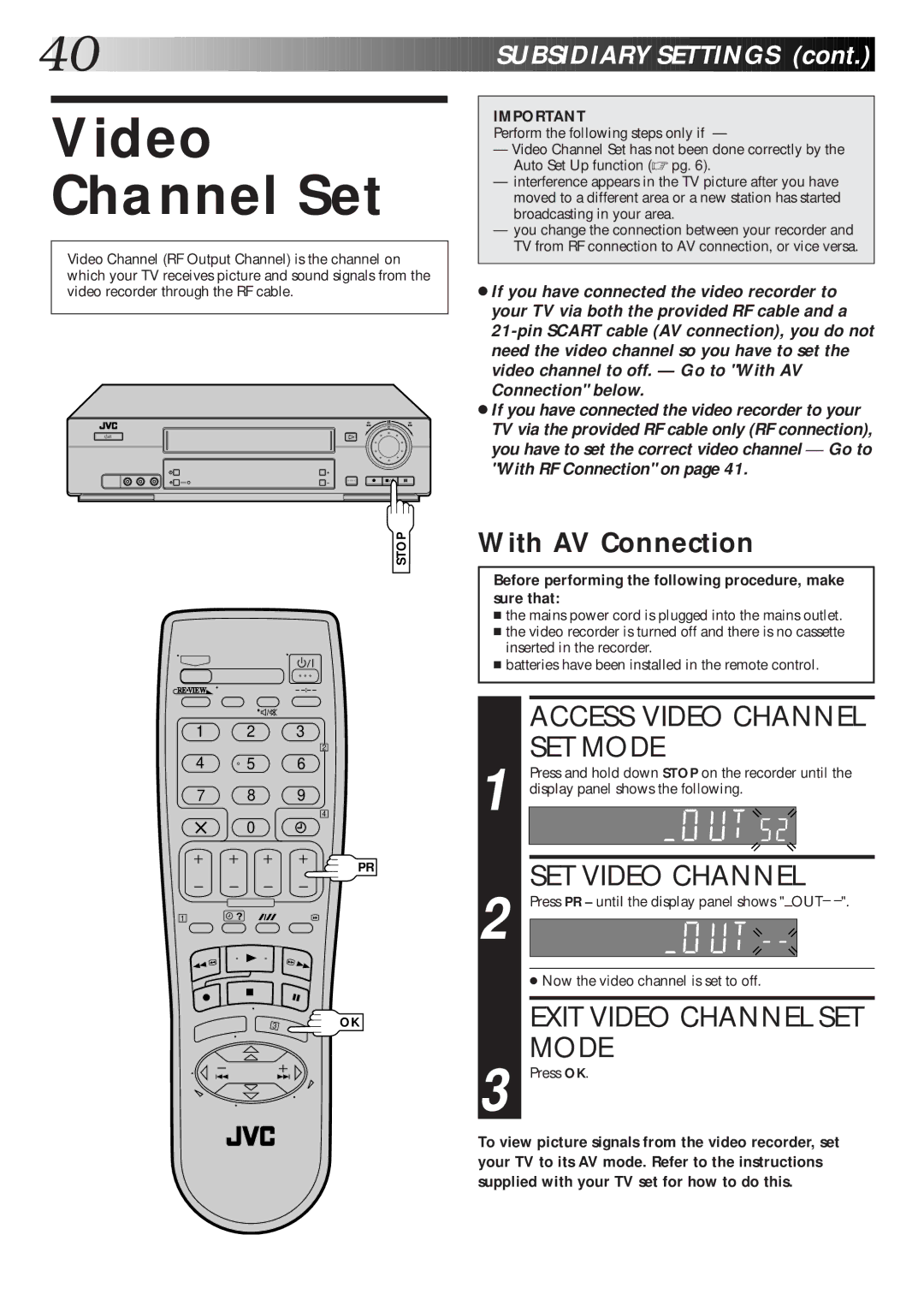 JVC HR-J770EK setup guide Video Channel Set, Access Video Channel SET Mode, SET Video Channel, Exit Video Channel SET Mode 