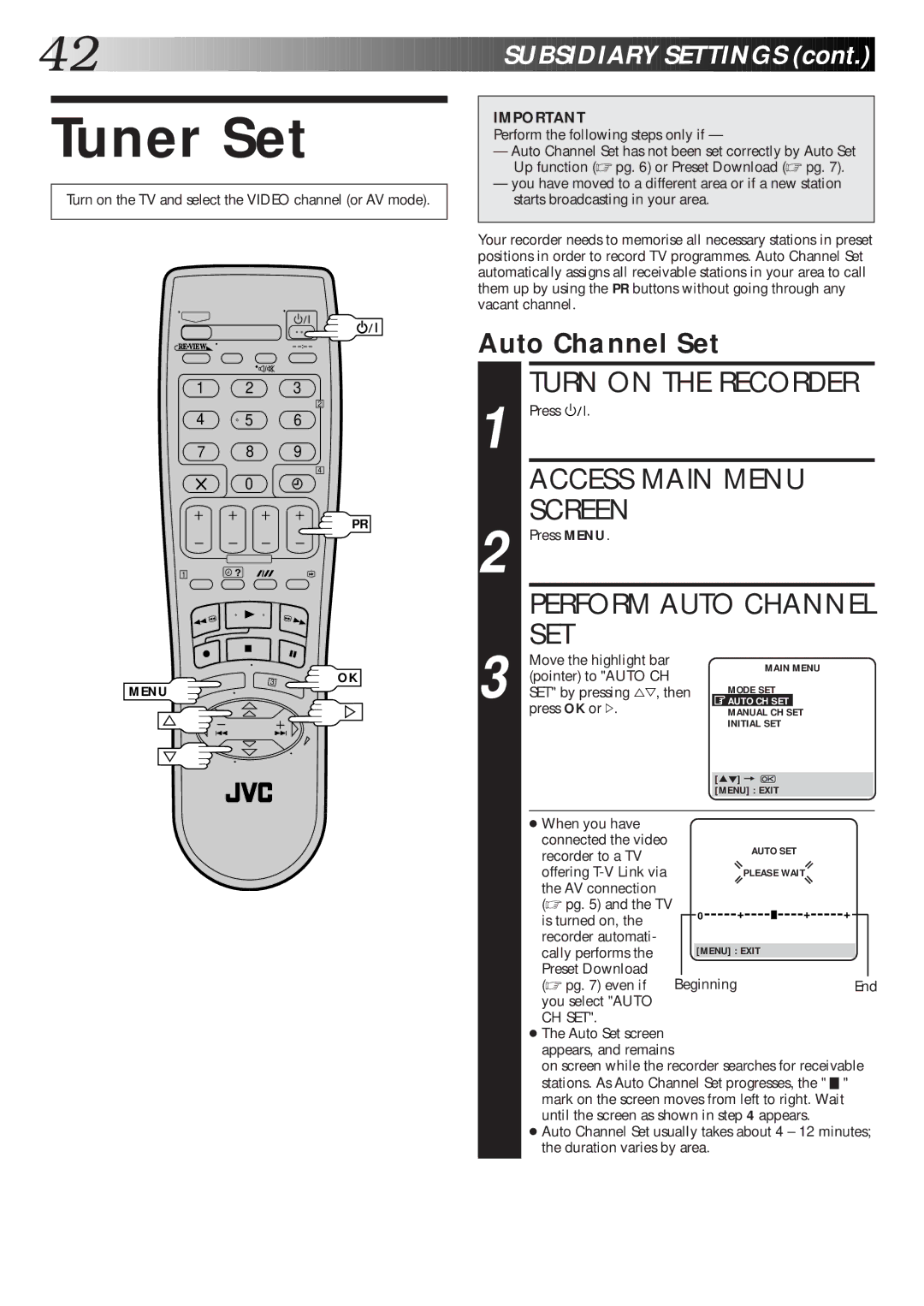 JVC HR-J770EK setup guide Tuner Set, Perform Auto Channel SET, Auto Channel Set 