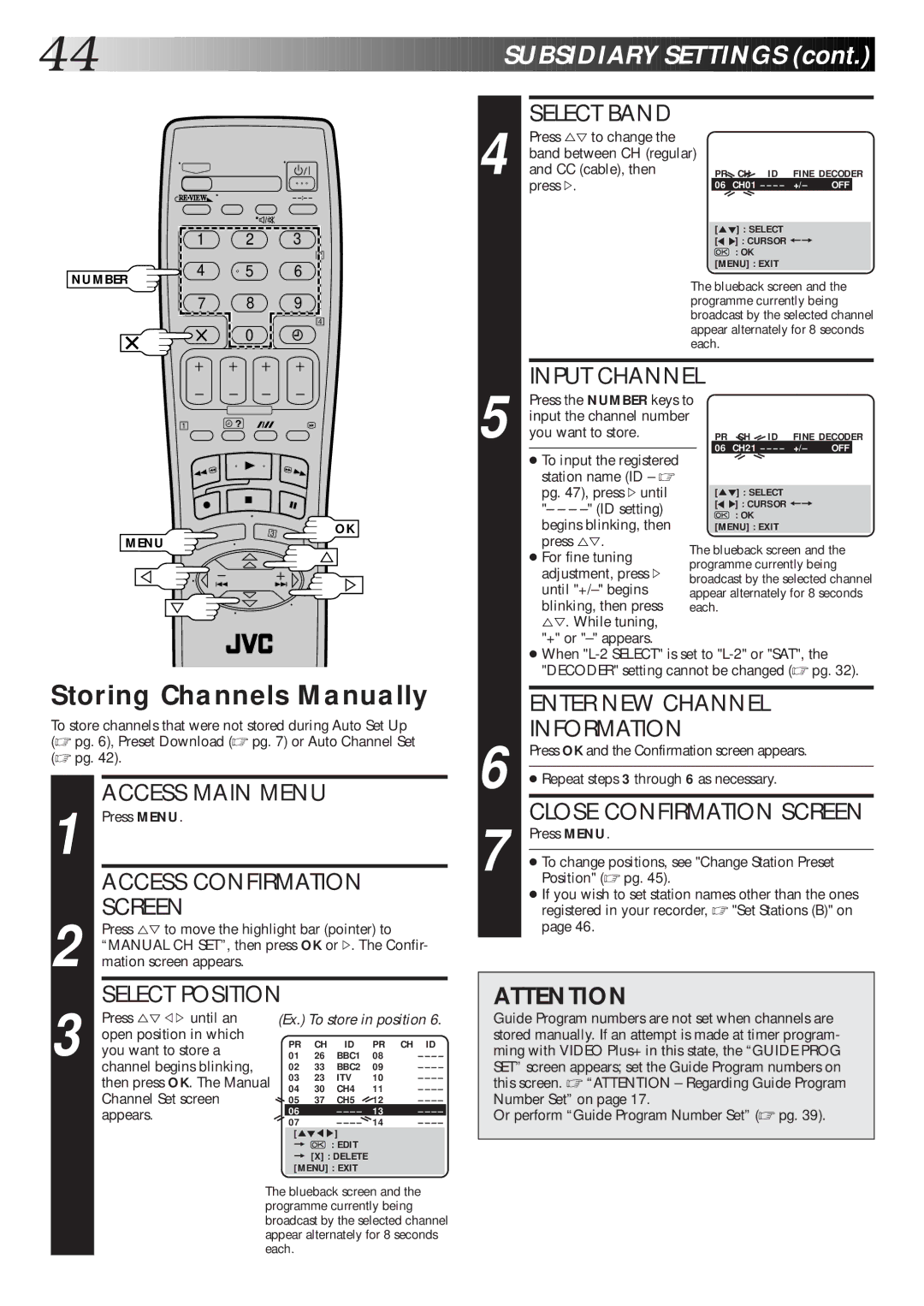 JVC HR-J770EK setup guide Storing Channels Manually, Select Band, Input Channel, Enter NEW Channel Information 