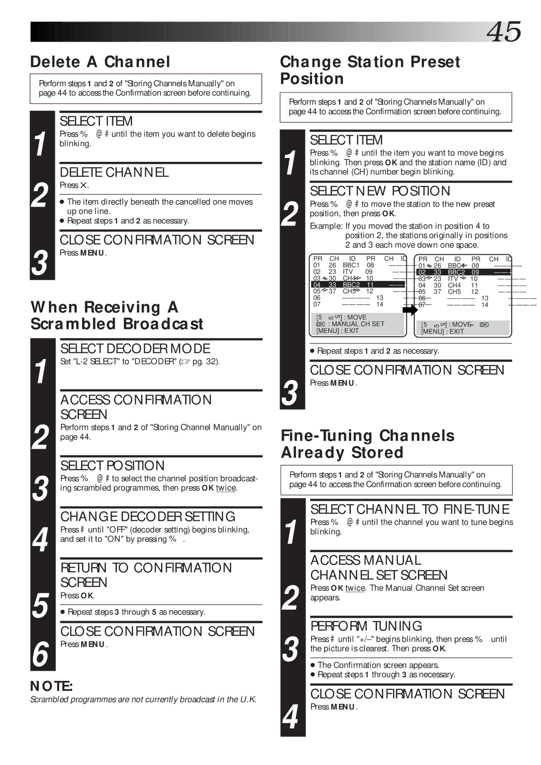JVC HR-J770EK setup guide Delete a Channel, When Receiving a Scrambled Broadcast, Change Station Preset Position 