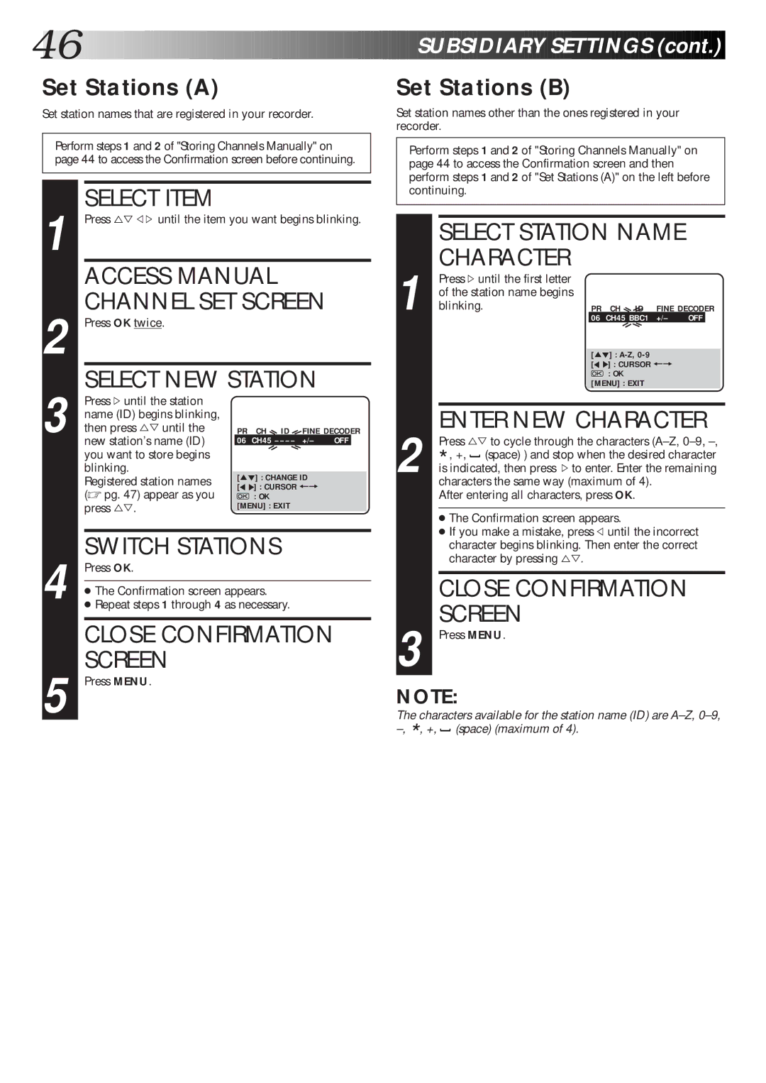 JVC HR-J770EK setup guide Access Manual, Channel SET Screen, Select NEW Station, Switch Stations, Close Confirmation 