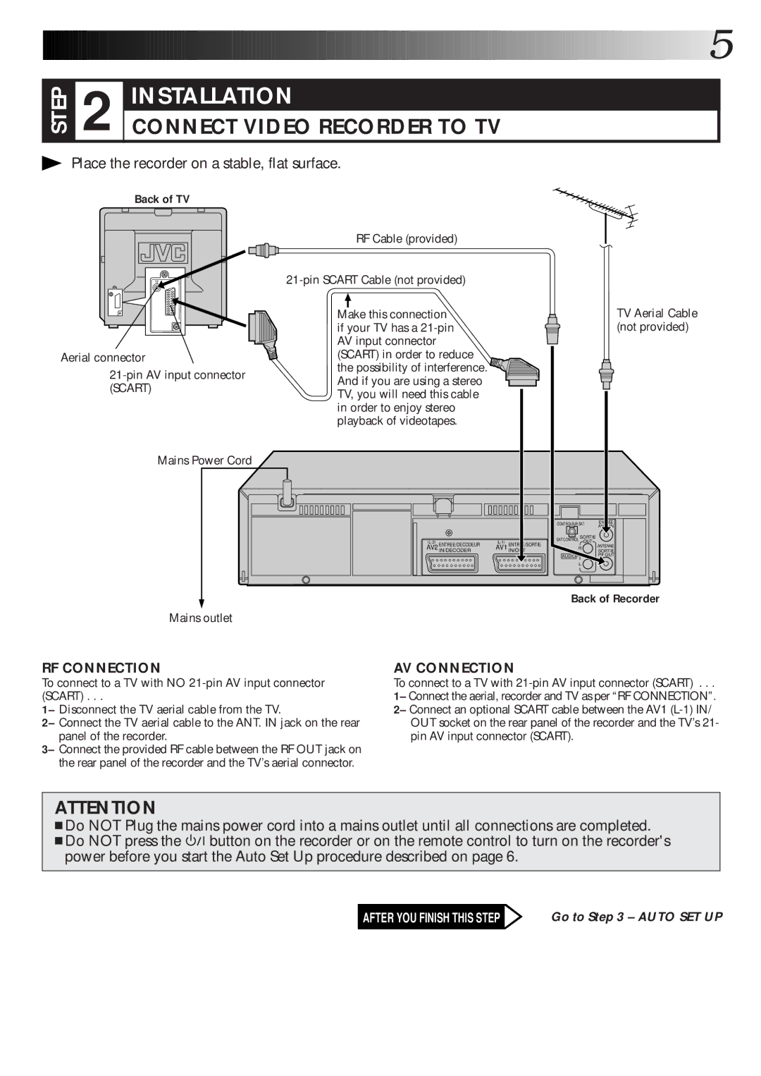 JVC HR-J770EK setup guide Back of TV, TV Aerial Cable not provided, Back of Recorder, Mains outlet 