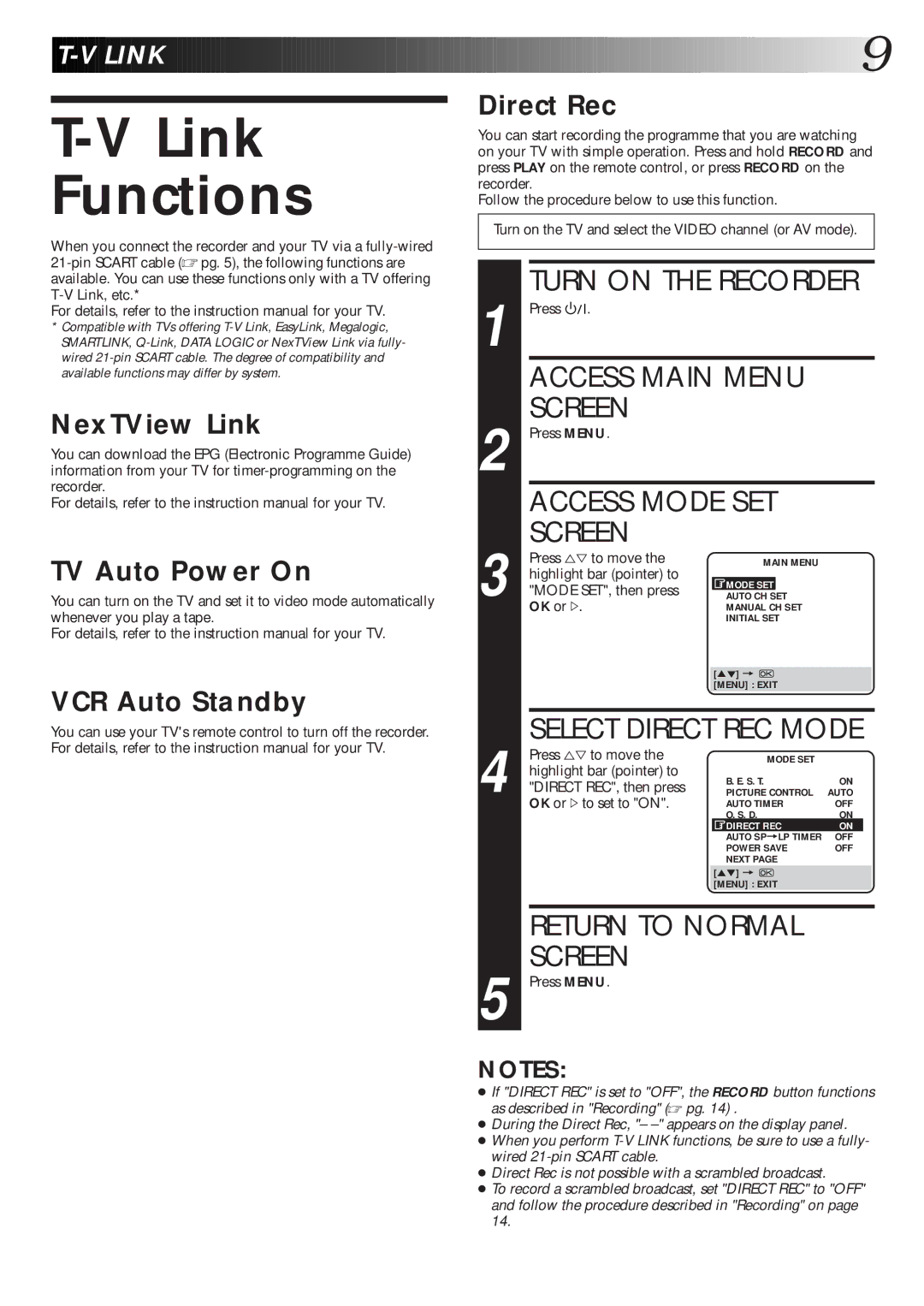 JVC HR-J770EK Link Functions, Turn on the Recorder, NexTView Link, TV Auto Power On, VCR Auto Standby Direct Rec 