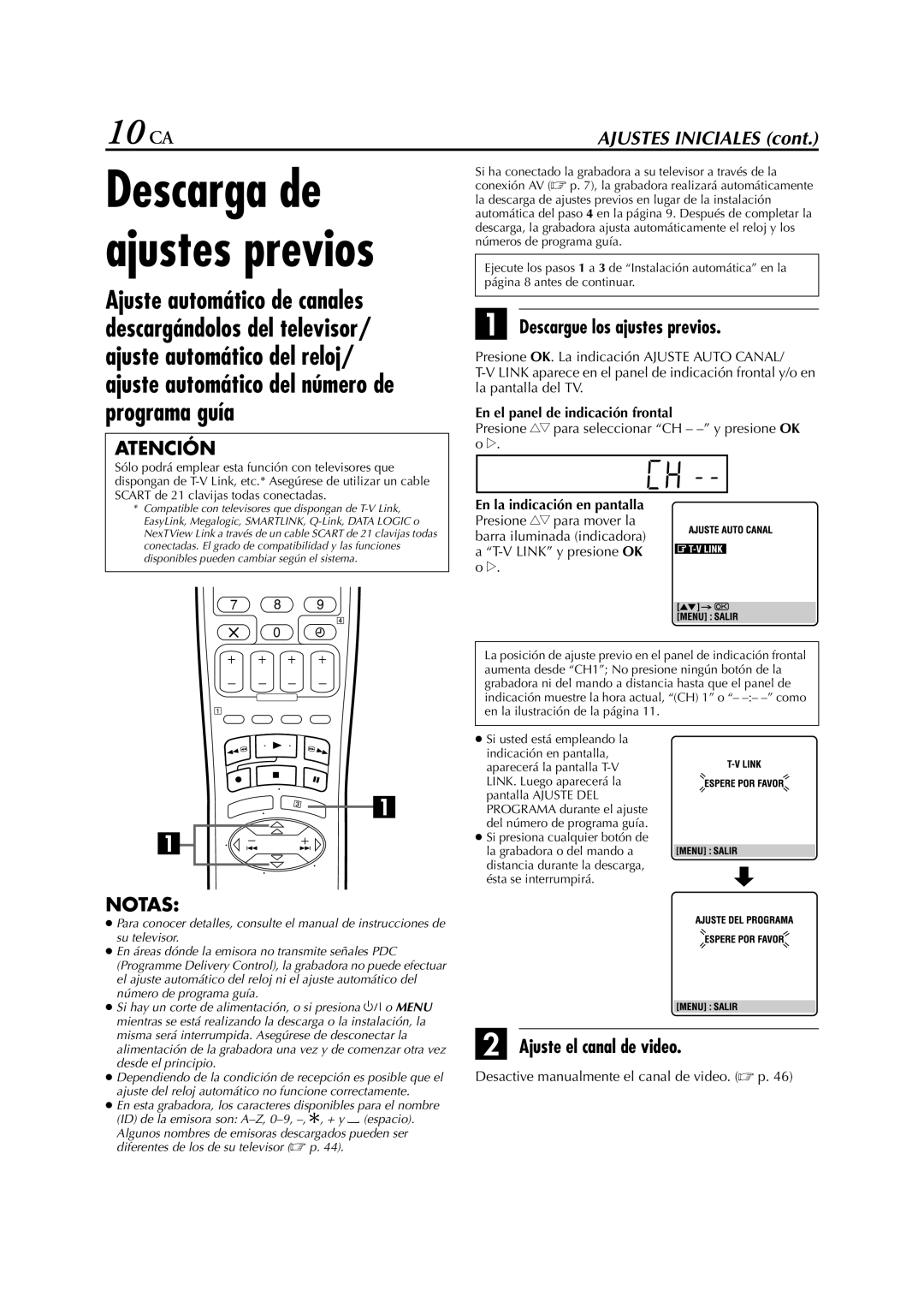 JVC HR-J770EU 10 CA, Descargue los ajustes previos, Ajuste el canal de video, Desactive manualmente el canal de video.  p 