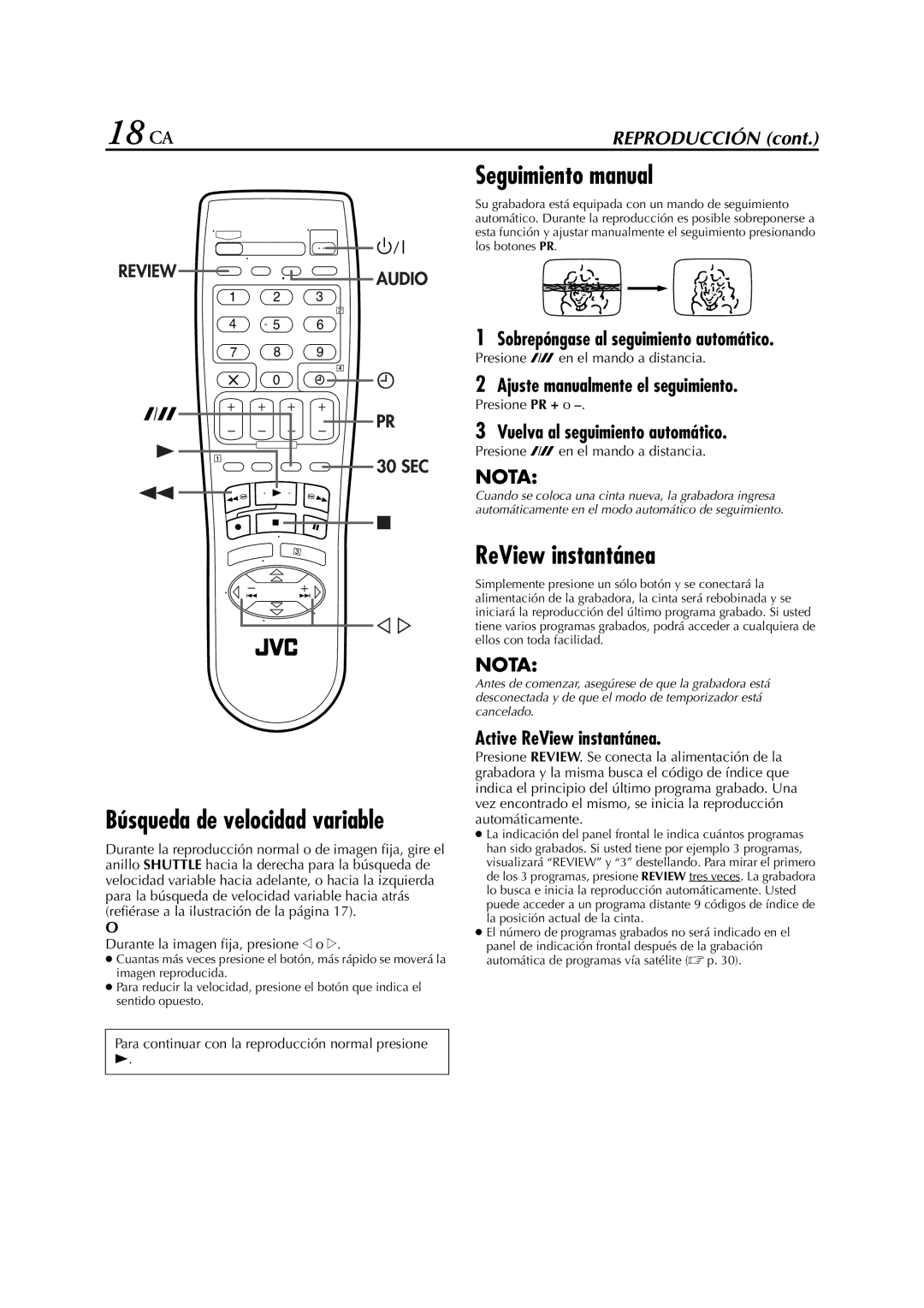 JVC HR-J770EU 18 CA, Seguimiento manual, ReView instantánea 