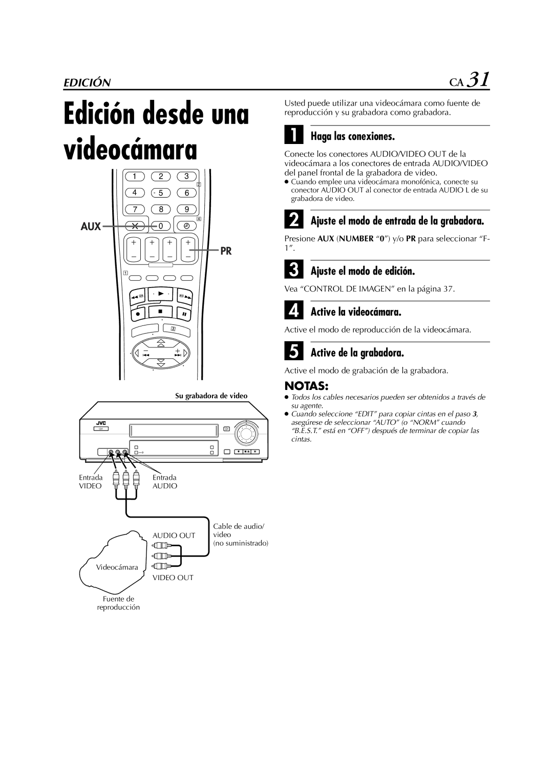 JVC HR-J770EU manual Ajuste el modo de edición, Active la videocámara, Active de la grabadora 