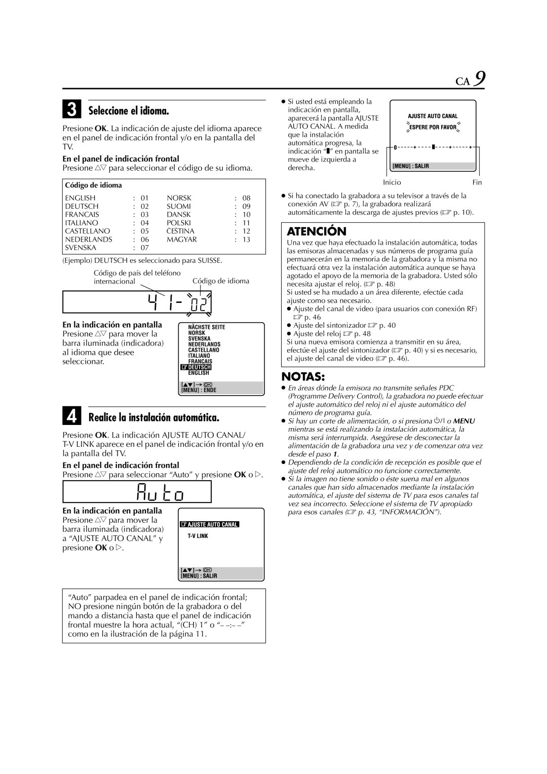 JVC HR-J770EU Seleccione el idioma, Realice la instalación automática, Presione rt para seleccionar el código de su idioma 