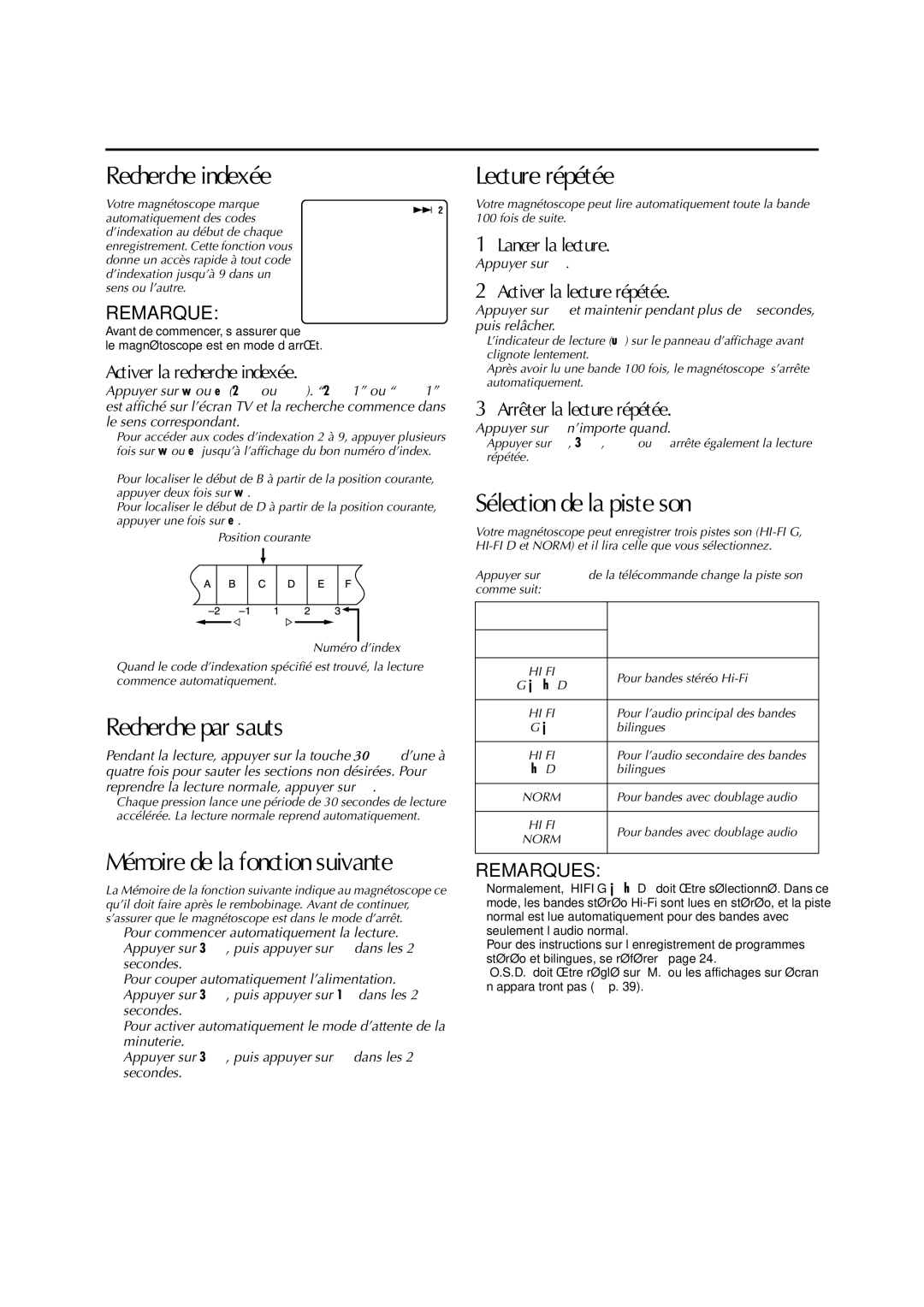 JVC HR-J770MS manual Recherche indexée, Recherche par sauts, Lecture répétée, Sélection de la piste son 