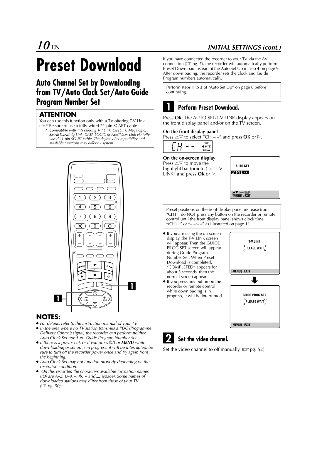 JVC HR-J780EU, HR-J781EU 10 EN, Perform Preset Download, Set the video channel, Press rt to select CH - and press OK or e 