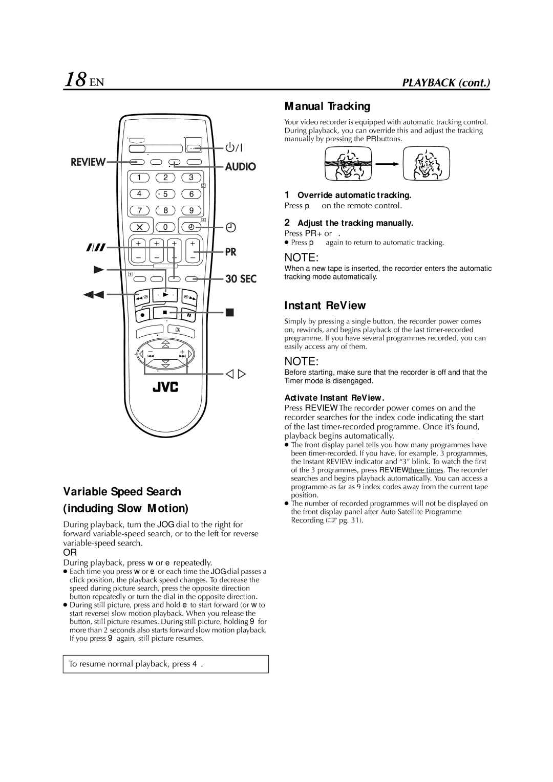 JVC HR-J780EU, HR-J781EU specifications 18 EN, Variable Speed Search Including Slow Motion, Manual Tracking, Instant ReView 