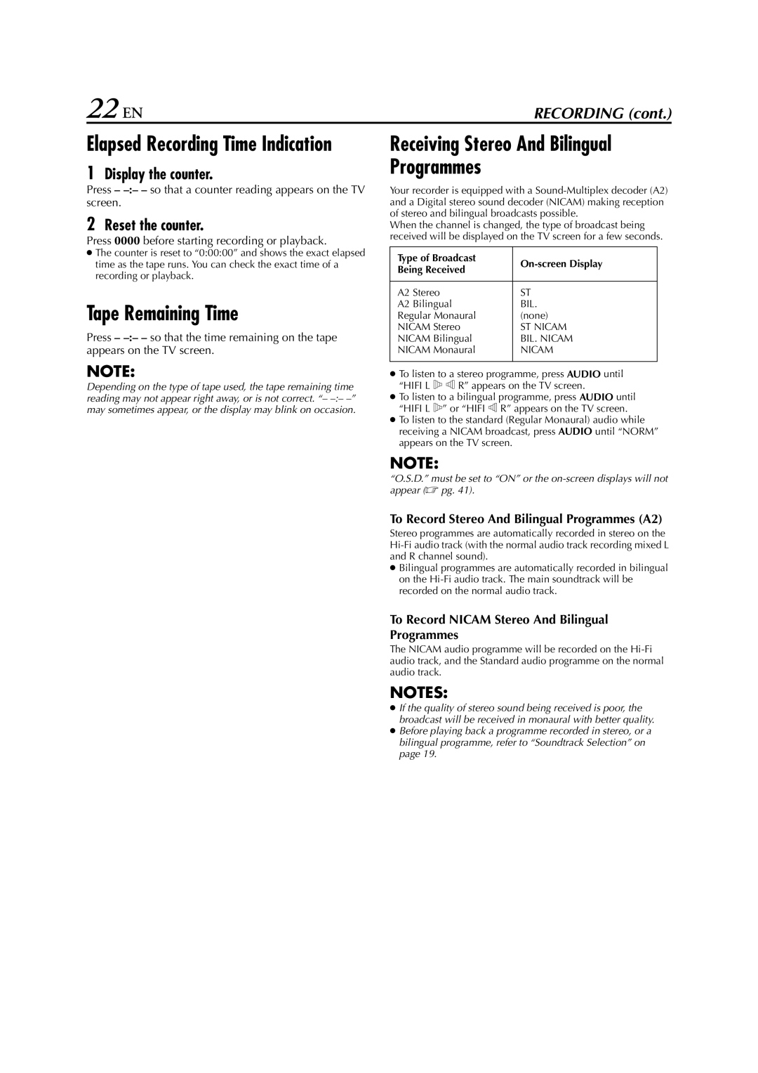 JVC HR-J780EU, HR-J781EU 22 EN, Tape Remaining Time, Receiving Stereo And Bilingual Programmes, Display the counter 