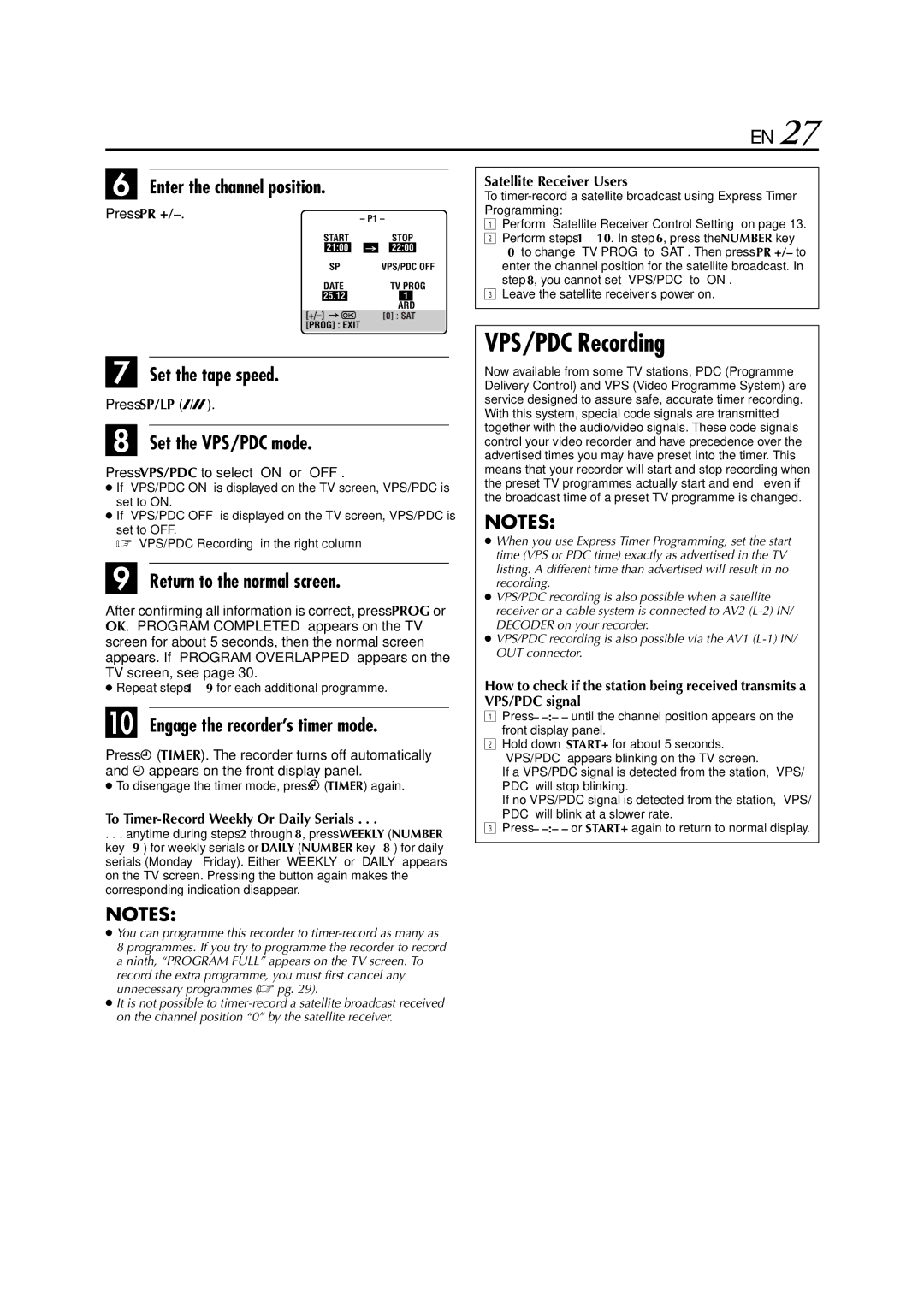 JVC HR-J781EU VPS/PDC Recording, Enter the channel position, Press PR +, To Timer-Record Weekly Or Daily Serials 