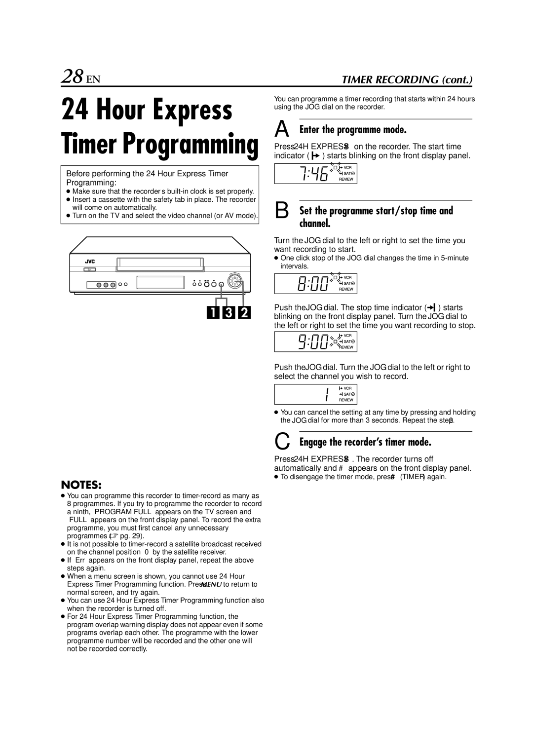 JVC HR-J780EU, HR-J781EU specifications 28 EN, Enter the programme mode, Set the programme start/stop time and channel 