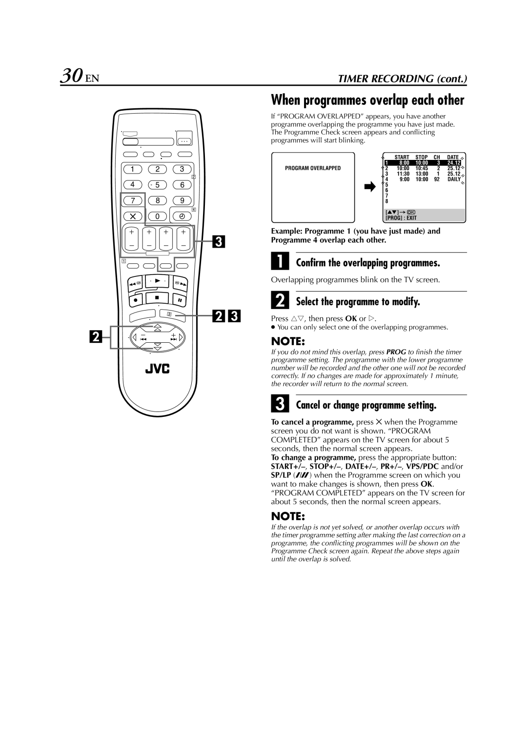 JVC HR-J780EU Confirm the overlapping programmes, Select the programme to modify, Cancel or change programme setting 