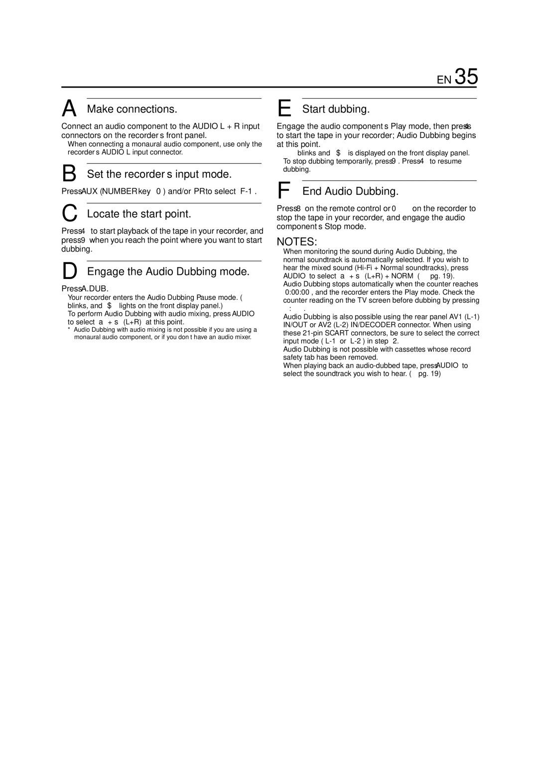 JVC HR-J781EU Locate the start point, Engage the Audio Dubbing mode, Start dubbing, End Audio Dubbing, Press A.DUB 