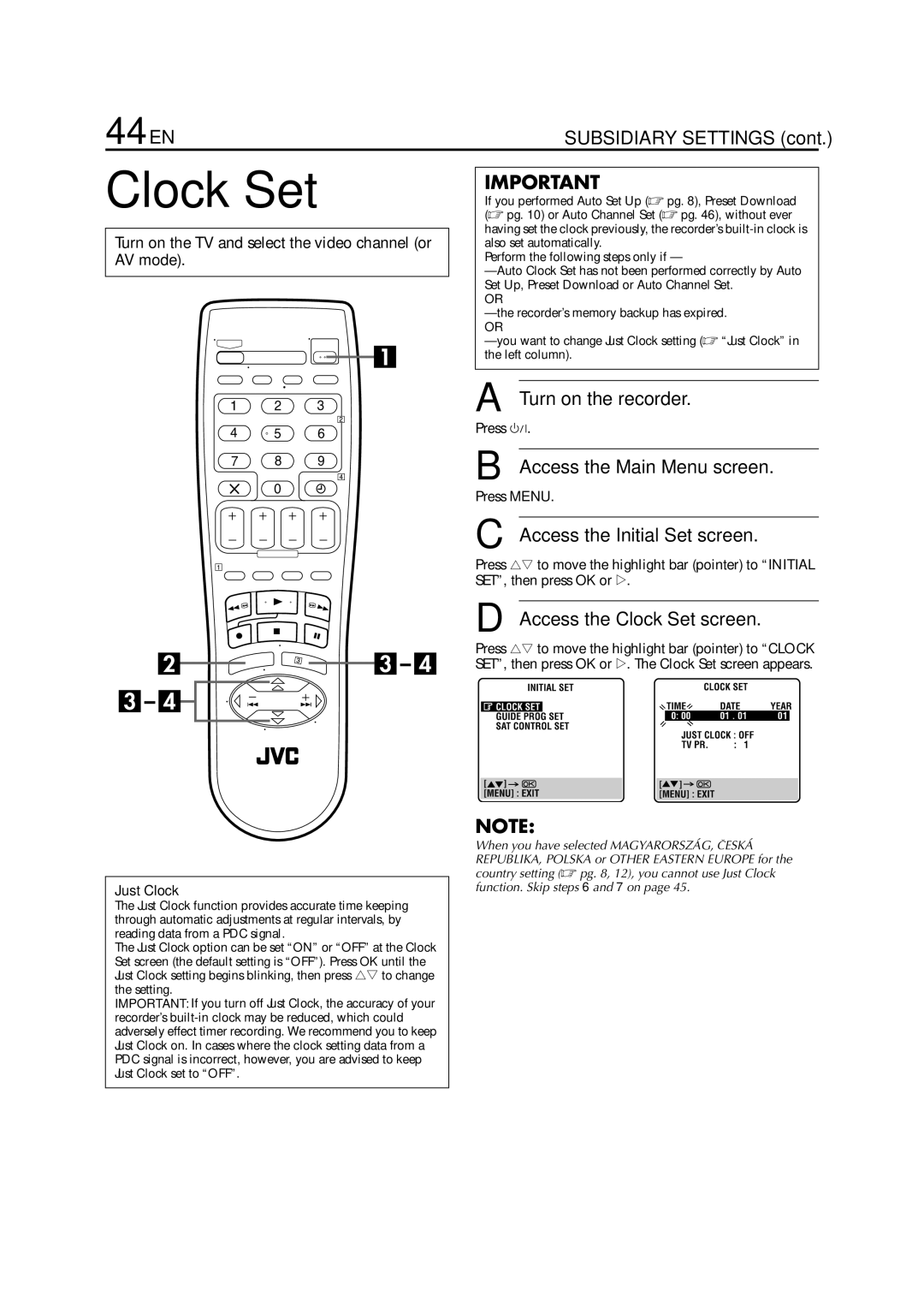 JVC HR-J780EU, HR-J781EU specifications 44 EN, Access the Clock Set screen 