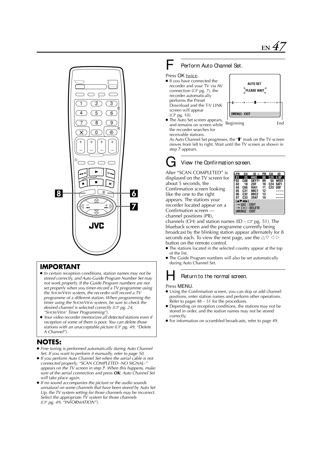 JVC HR-J781EU, HR-J780EU specifications Perform Auto Channel Set, View the Confirmation screen, Press OK twice 