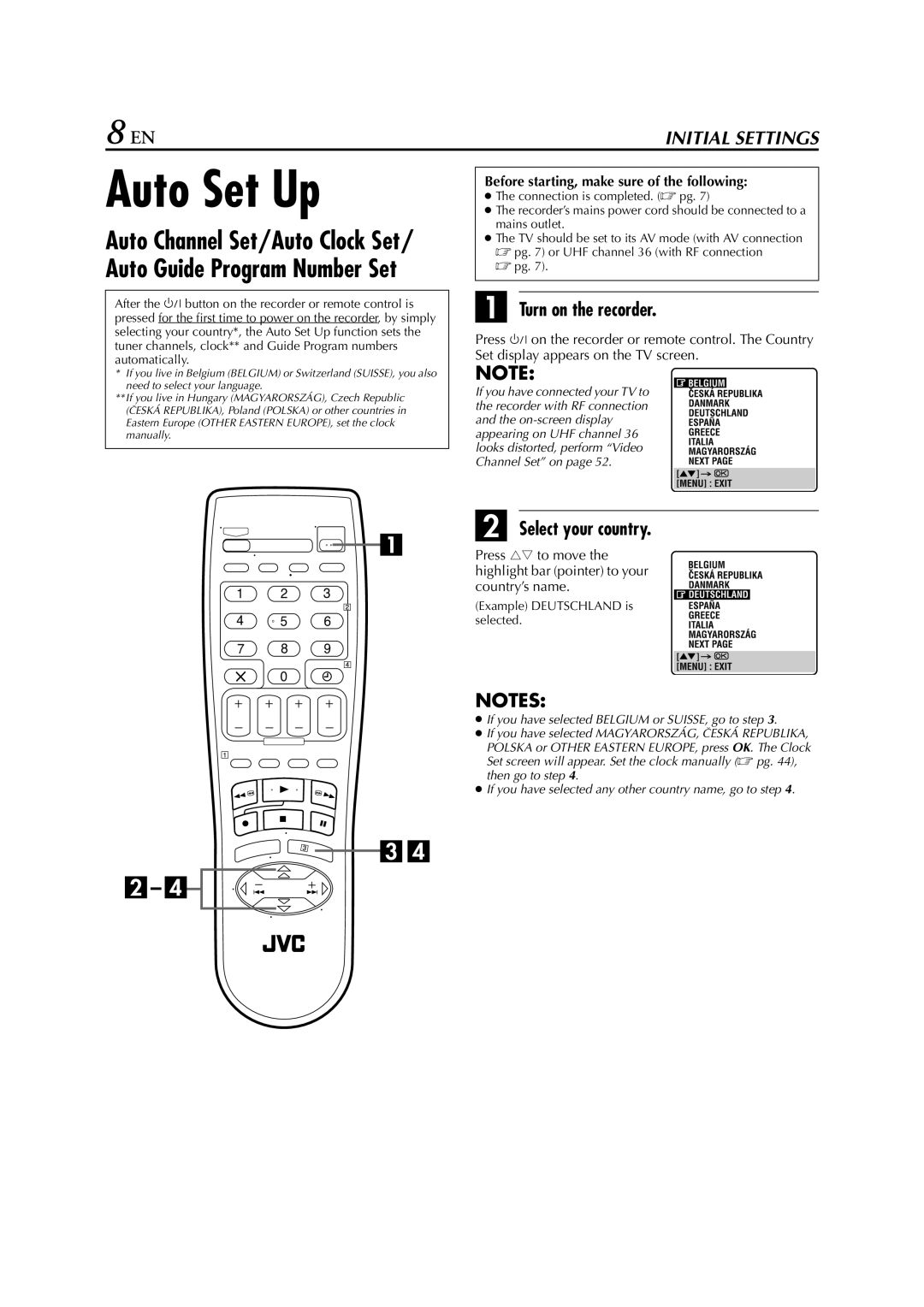 JVC HR-J780EU Auto Set Up, Turn on the recorder, Select your country, Before starting, make sure of the following 