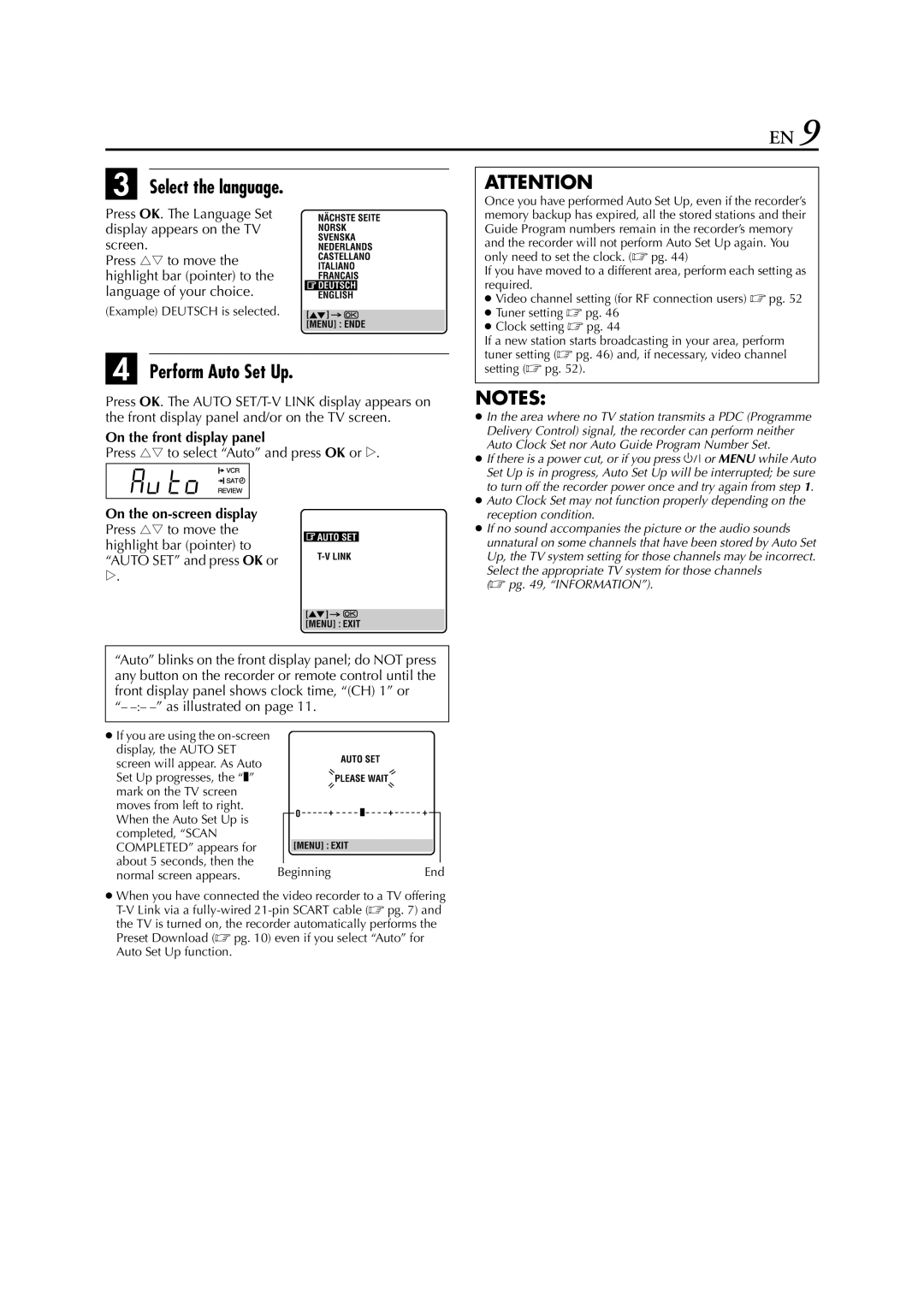 JVC HR-J781EU, HR-J780EU Select the language, Perform Auto Set Up, On the front display panel, On the on-screen display 