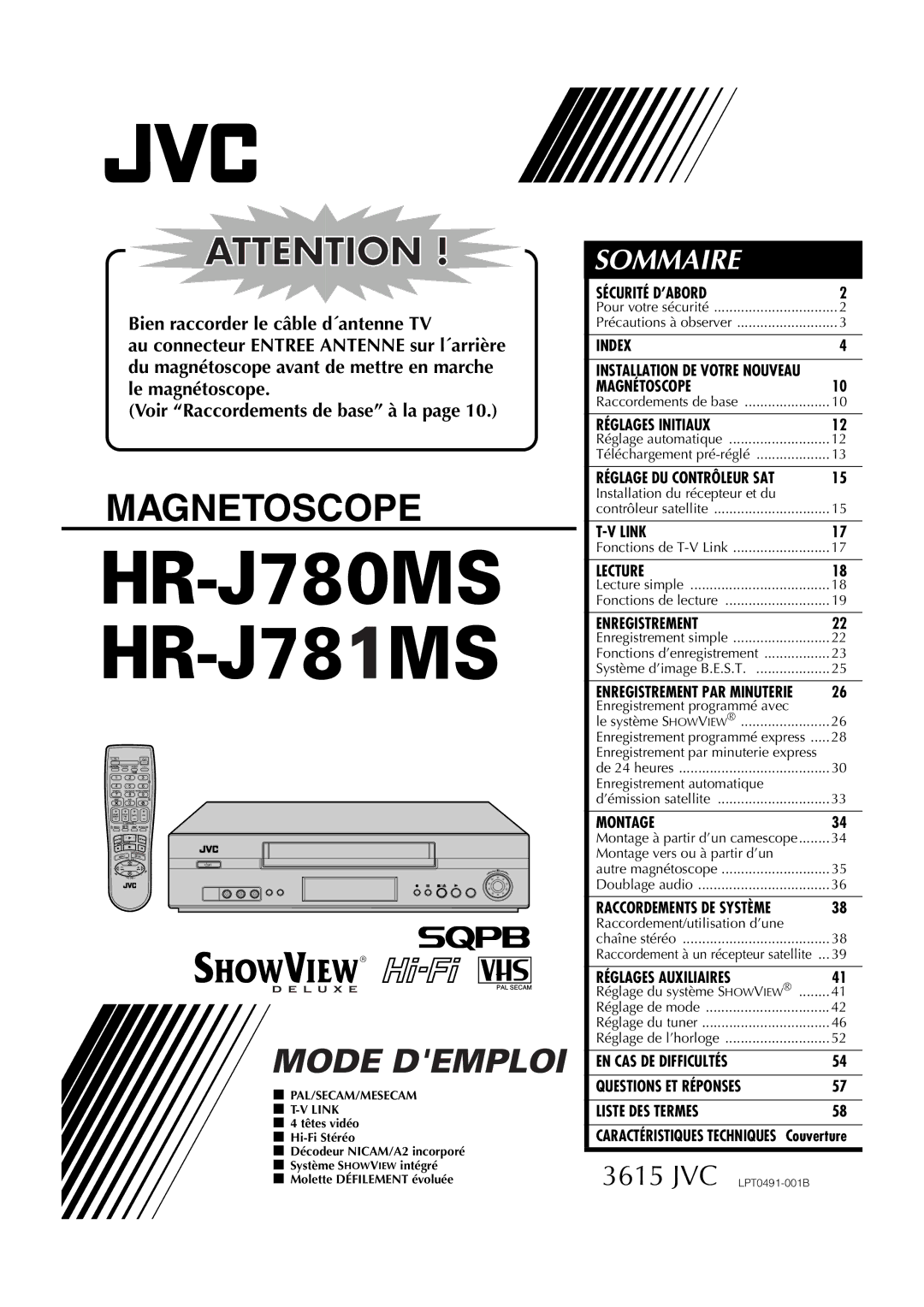 JVC HR-J781MS, HR-J780MS manual Magnetoscope, Voir Raccordements de base à la 