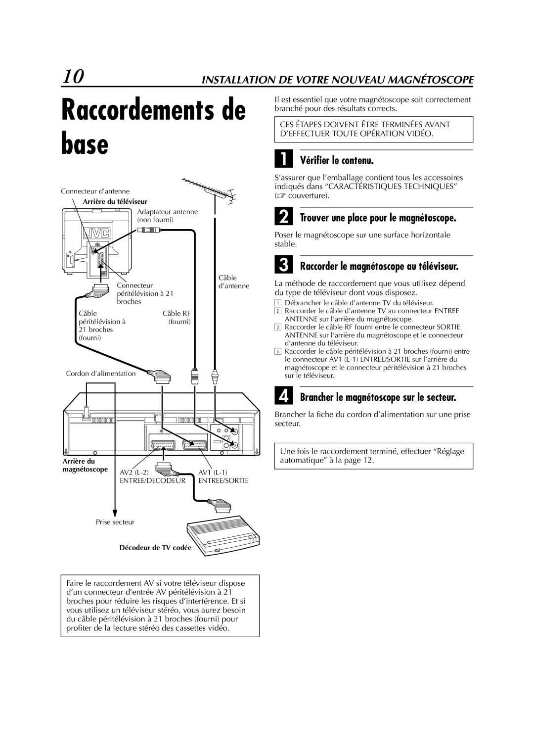 JVC HR-J780MS manual Vérifier le contenu, Trouver une place pour le magnétoscope, Raccorder le magnétoscope au téléviseur 