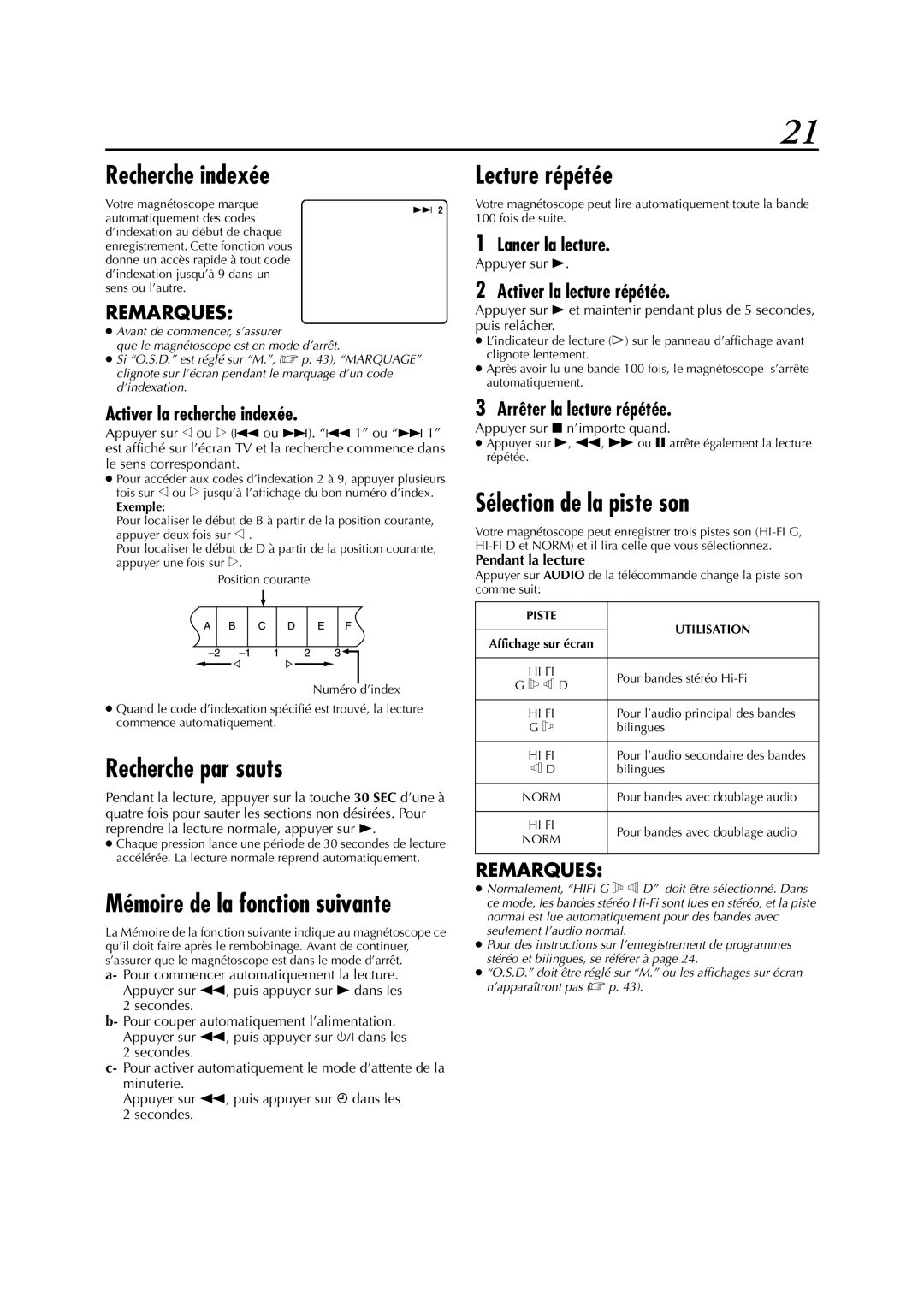 JVC HR-J781MS, HR-J780MS manual Recherche indexée, Recherche par sauts, Lecture répétée, Sélection de la piste son 